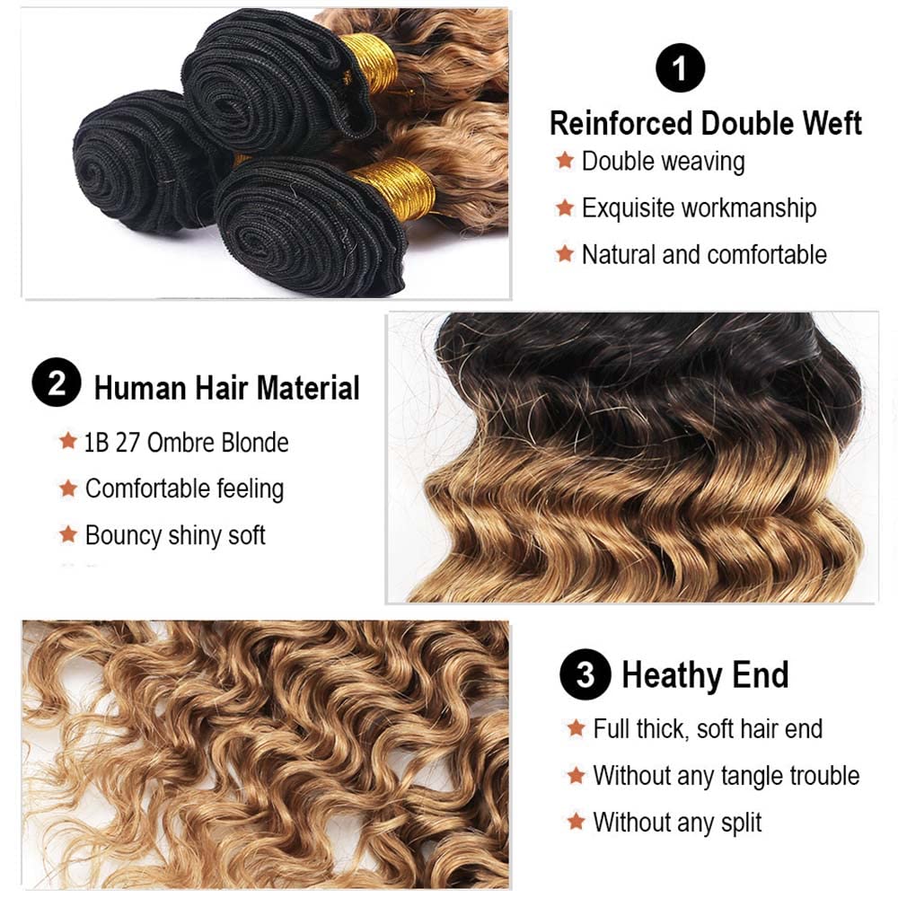 Paquetes de cabello humano rubio miel 1B27 ombré, paquetes de ondas profundas rubias, 24, 24, 24 pulgadas, negro a rubio miel, doble trama, sin