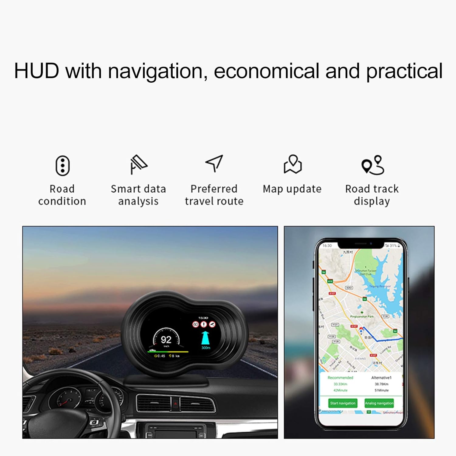 Qiilu Head Up Display, Universal Head Up Pantalla LCD OBD2+GPS Auto HUD Monitor Proyector multifuncional para vehículos que cumplen con los