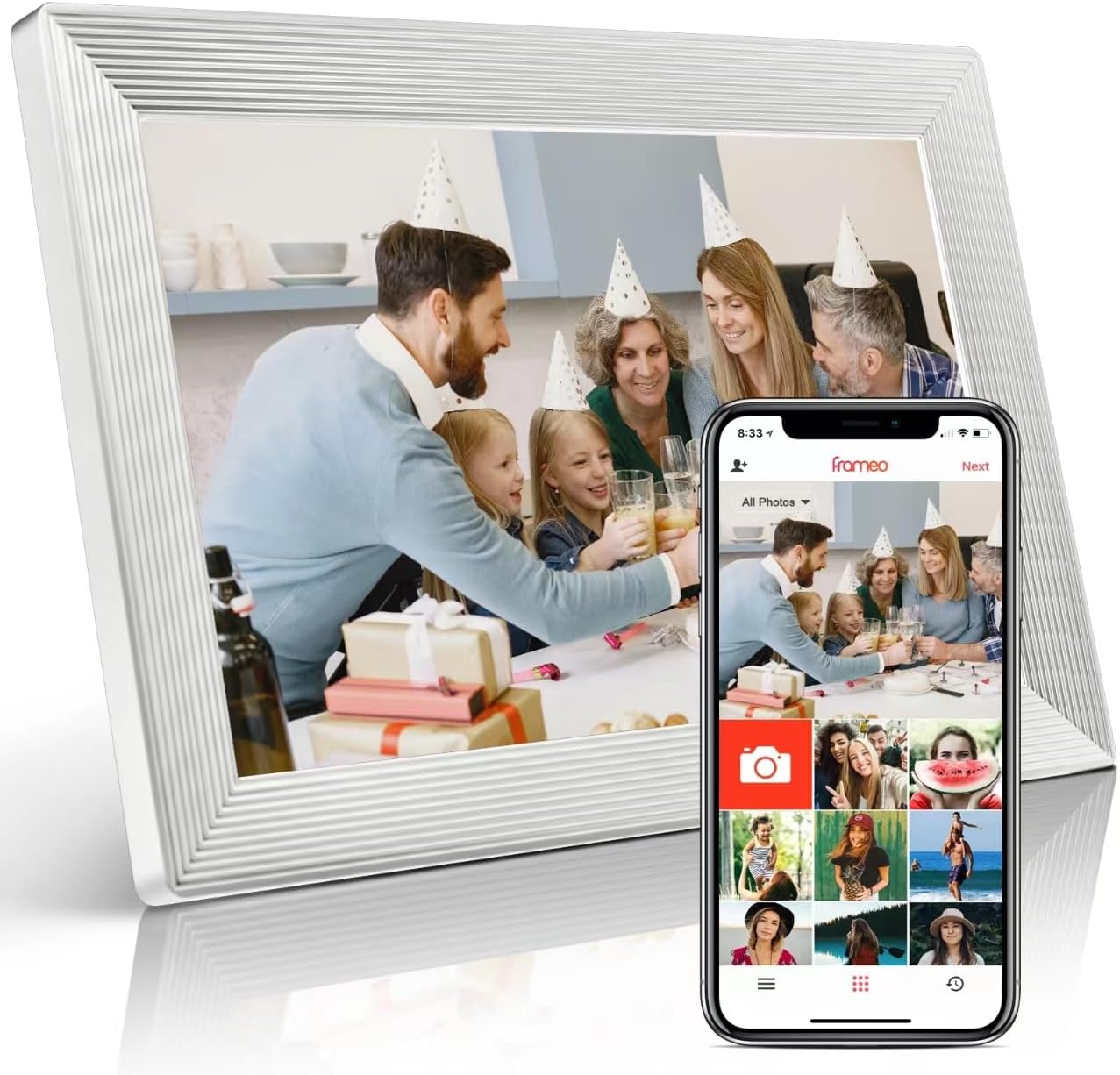 FRAMEO – Marco de fotos digital WiFi de 10.1 pulgadas, pantalla táctil HD IPS de 1280 x 800 con memoria interna de 32 GB, rotación automática, a