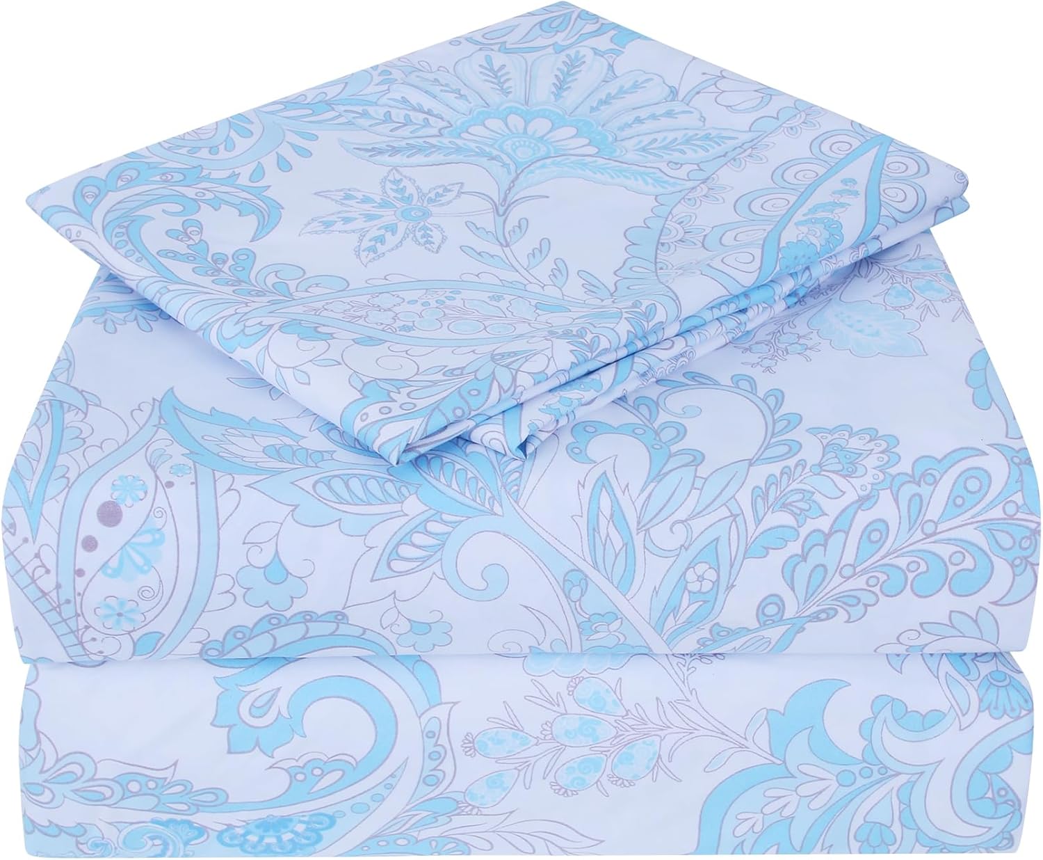 JSD – Juego de sábanas tamaño queen de microfibra suave con estampado floral de cachemira en azul, 4 piezas, esquinas tipo bolsillos extraprofundos