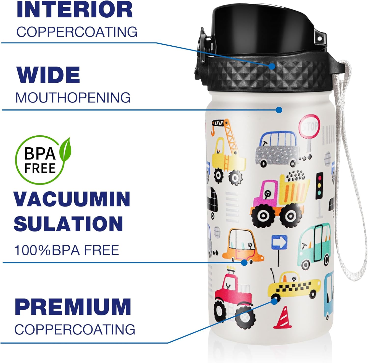 GOPPUS Botella de agua aislada para niños, 14 onzas, sin BPA, botella de viaje de acero inoxidable 188 con popote y doble pared al vacío a prueba de