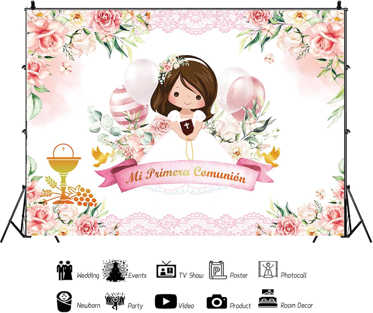 Mi Primera Comunion Bautizo Fotografía Fondo de Bautismo para niña, Dios bendiga la primera comunión Mi Bautizo Cáliz Globo Rosa Floral Decoración