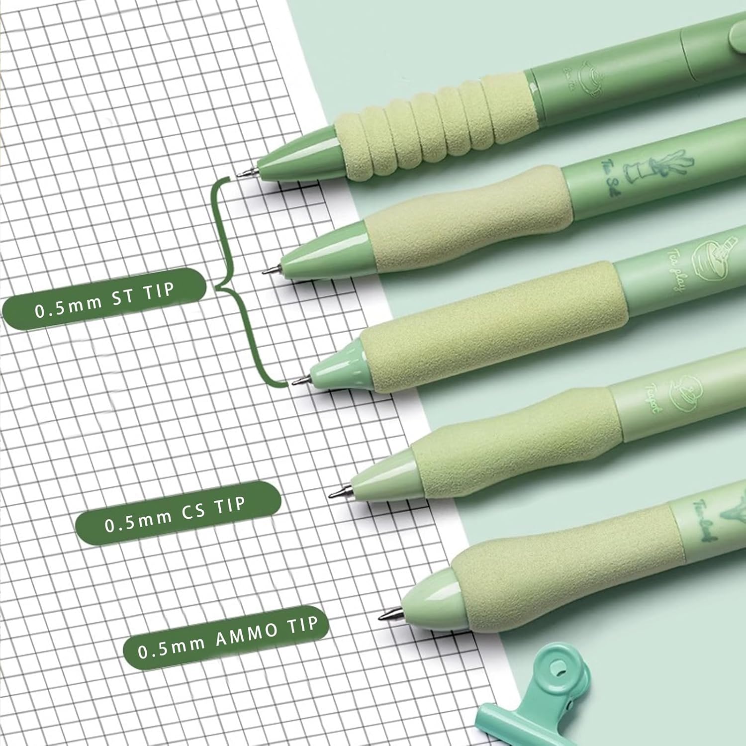 ITAWIXS Bolígrafos estéticos de tinta de gel, 5 unidades, color verde, bonitos bolígrafos retráctiles con diferentes puntas, tinta de secado rápido,