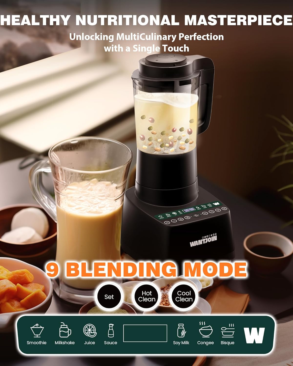 WantJoin Licuadora de cocina caliente y fría de 60 onzas, licuadora de alta velocidad de 24000 RPM con 9 programas de un solo toque, máquina de