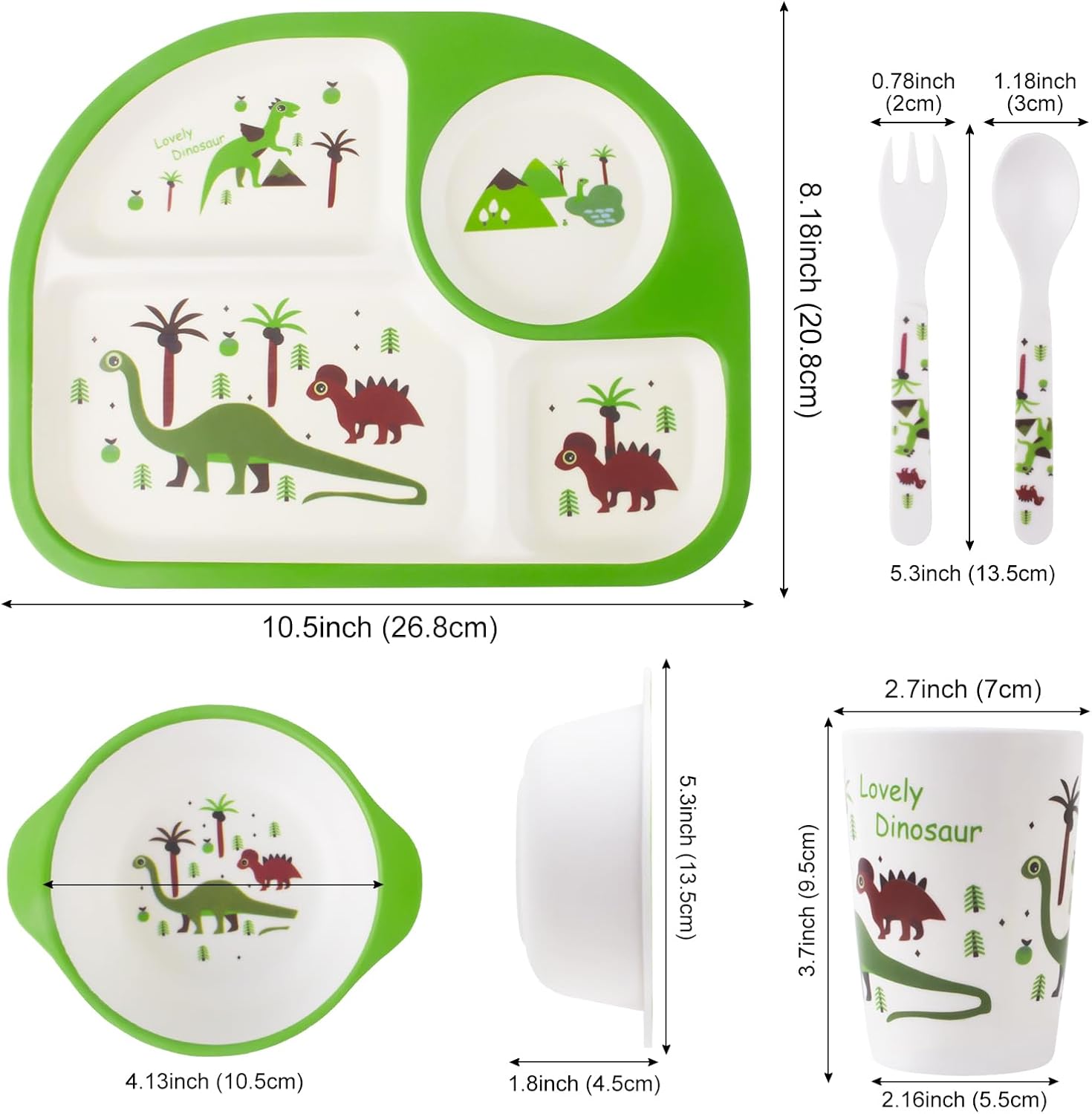 Juego de 5 piezas de vajilla para niños pequeños, incluye plato, tazón, tenedor y cuchara, cubiertos para niños, apto para lavavajillas, sin BPA