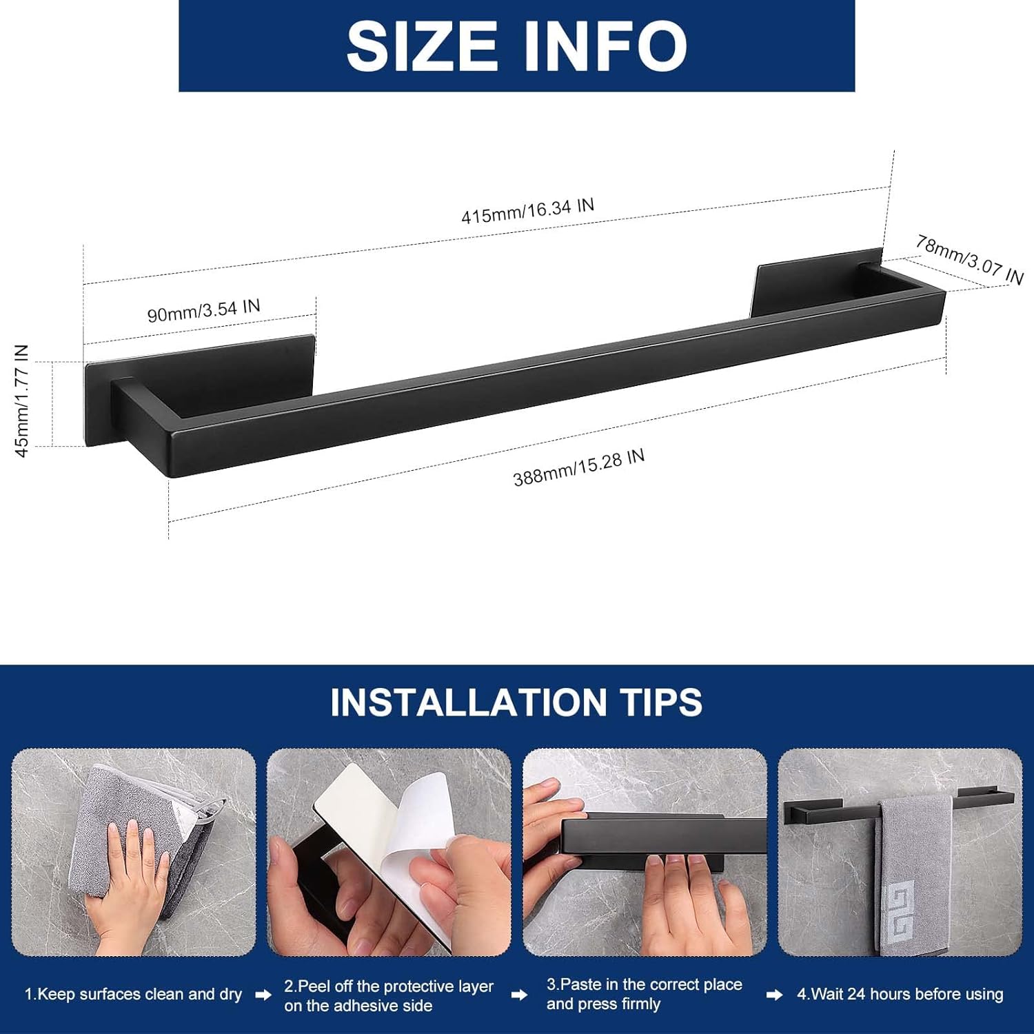 NearMoon Toallero de baño autoadhesivo cuadrado de acero inoxidable, estante de pared para colgar en el colgador adhesivo, estilo contemporáneo, sin