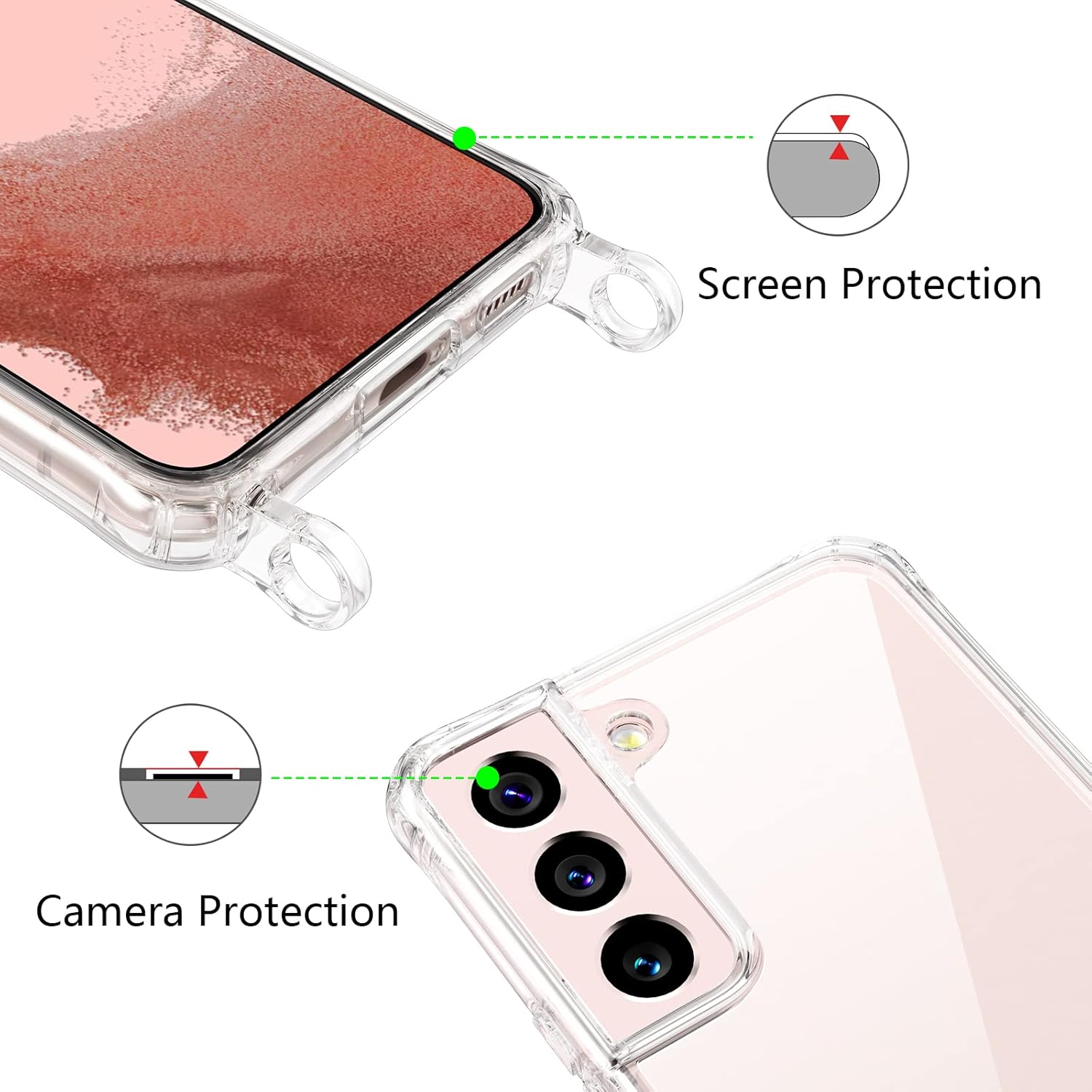 ZTOFERA Funda transparente para Samsung Galaxy S22 Plus 5G con correa ajustable para el cuello, suave y delgada, TPU a prueba de golpes, funda
