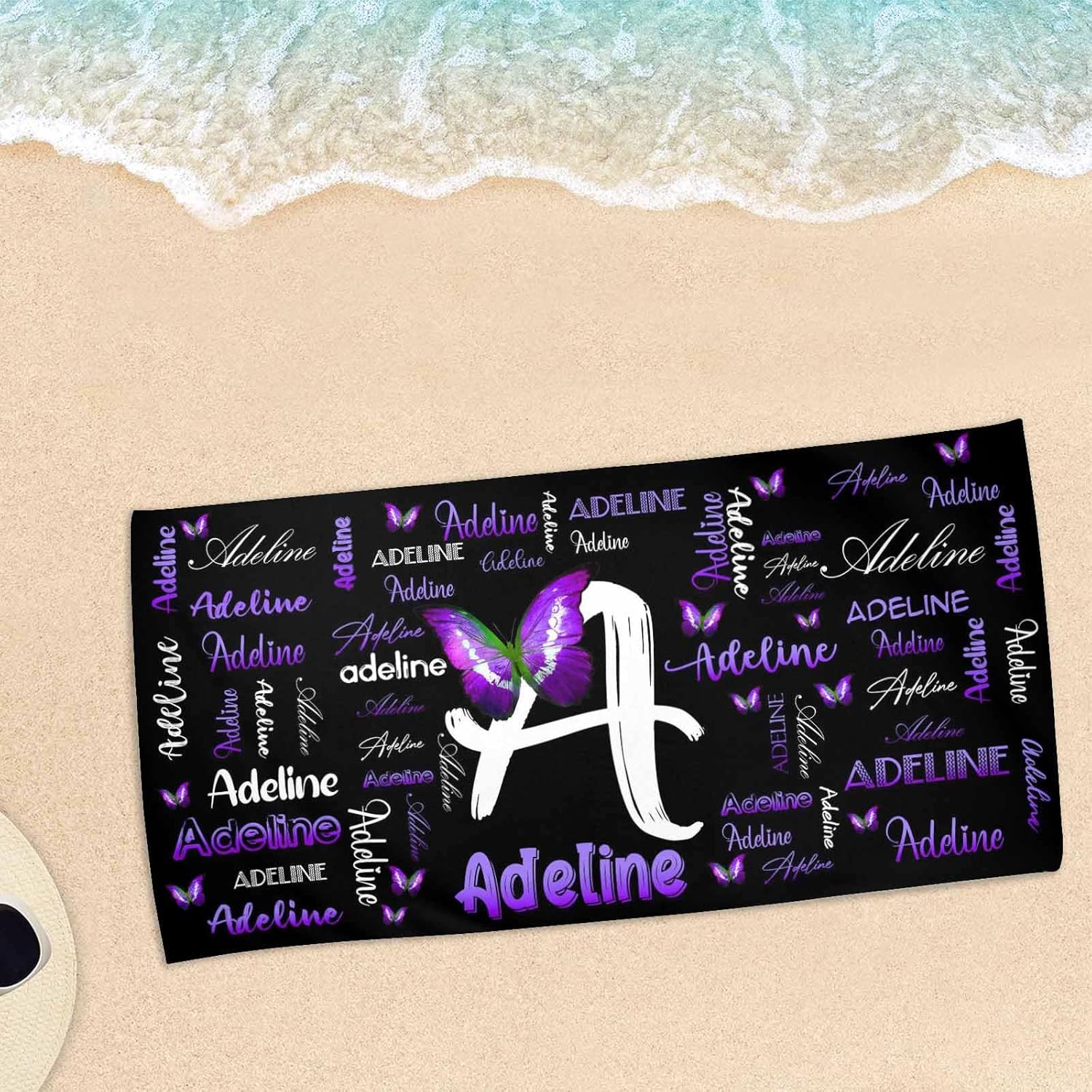 Artsadd Toalla de playa personalizada con texto, toalla de secado rápido personalizada mariposa morada para hombres y mujeres, con monograma