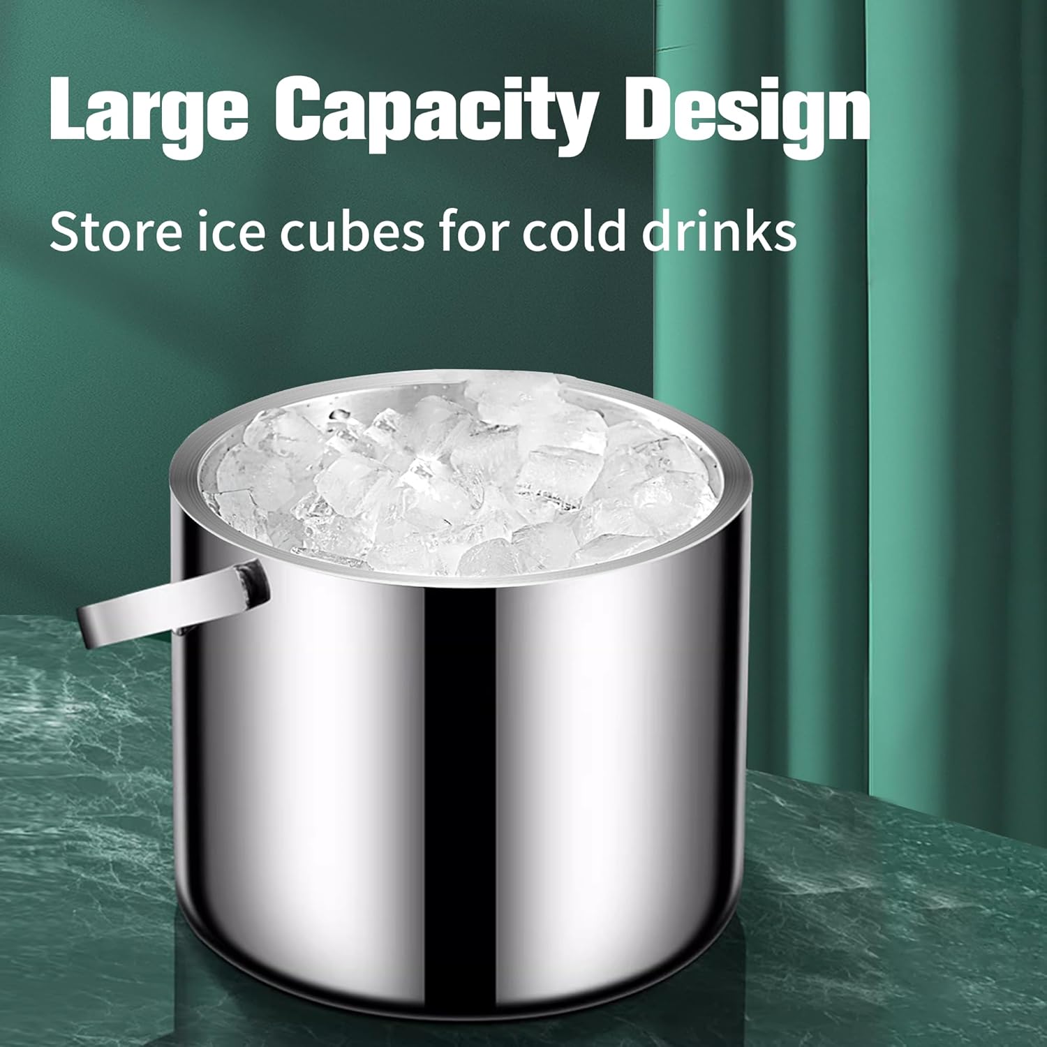 Cubo de hielo con doble aislamiento de acero inoxidable 304 con tapa, colador, mantiene los cubos de hielo fríos y secos, cómoda asa de transporte