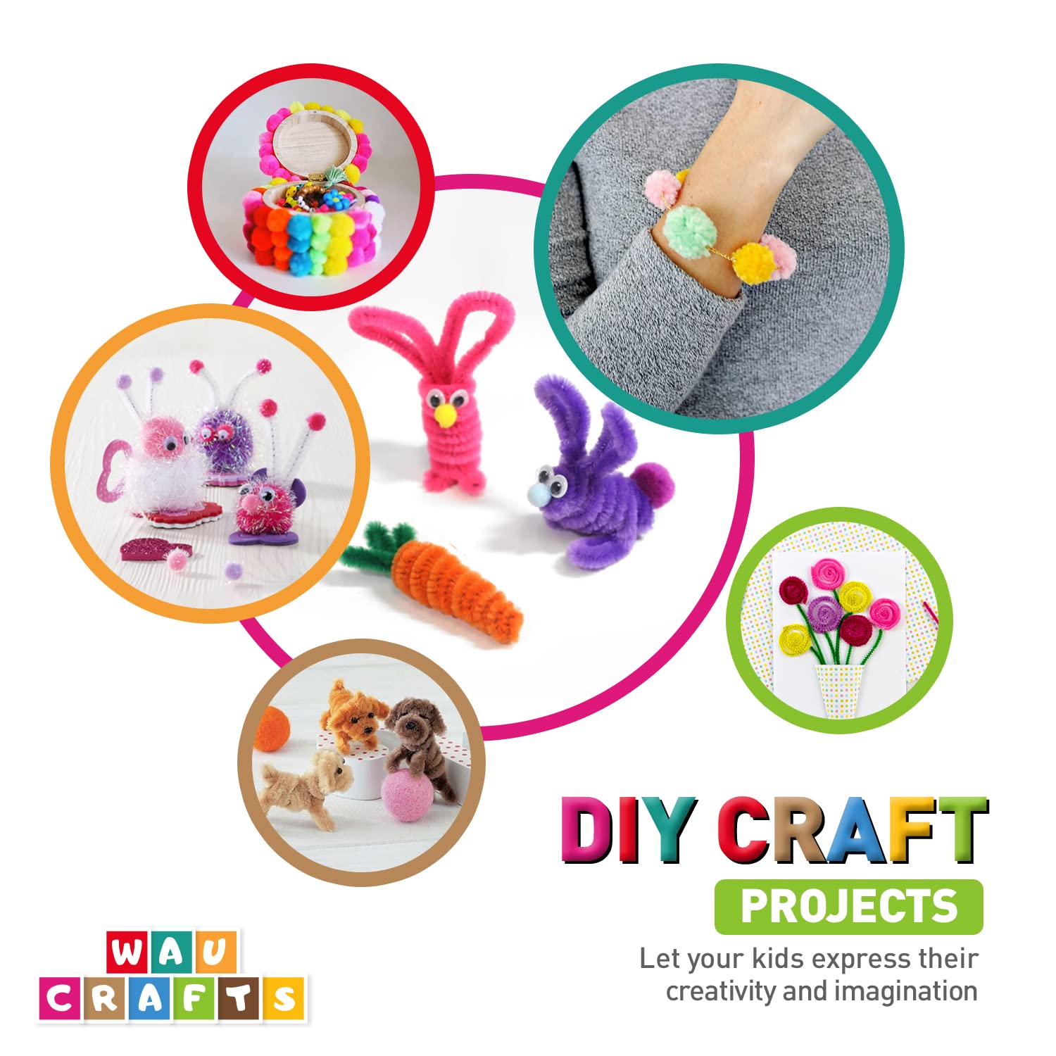 WAU Crafts 350 limpiapipas en 20 colores + 50 ojos saltones  Juego de tallos de felpilla para manualidades y decoraciones de bricolaje (12 pulgadas