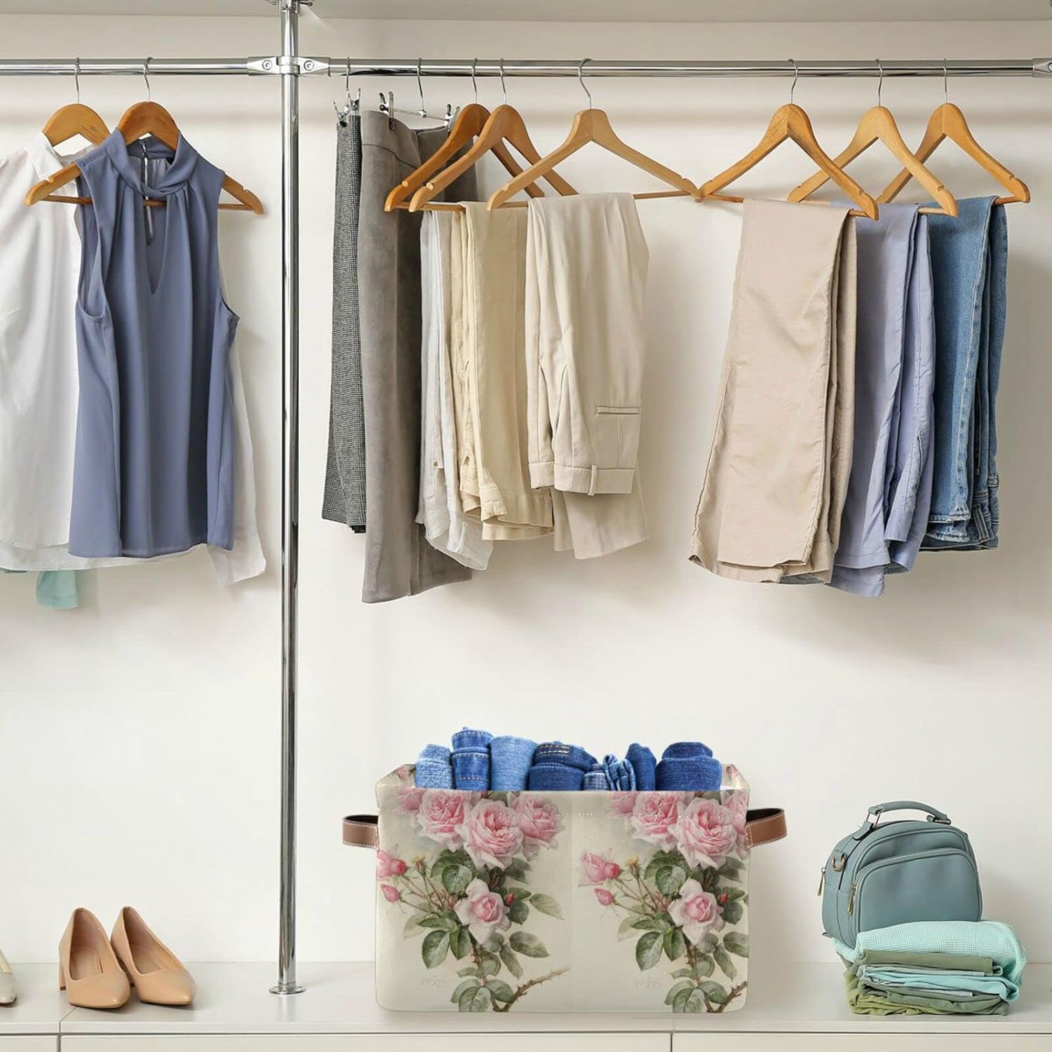 ALAZA Caja de almacenamiento plegable con diseño floral de rosas vintage con asas para estantes, armario, sala de estar, dormitorio, oficina en