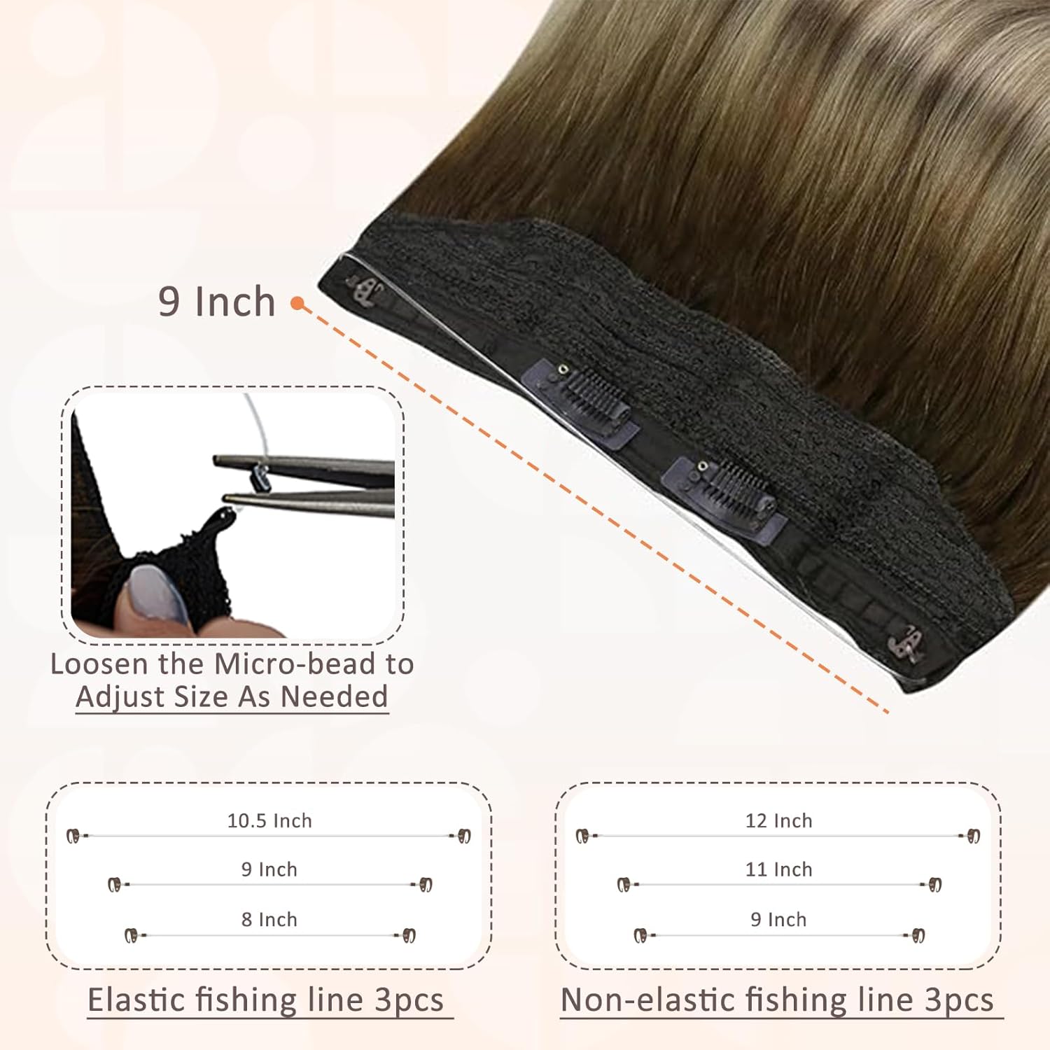 Full Shine – Extensiones de cabello humano de una sola pieza con hilo de nailon transparente e invisible, con diadema oculta, color ombré, para