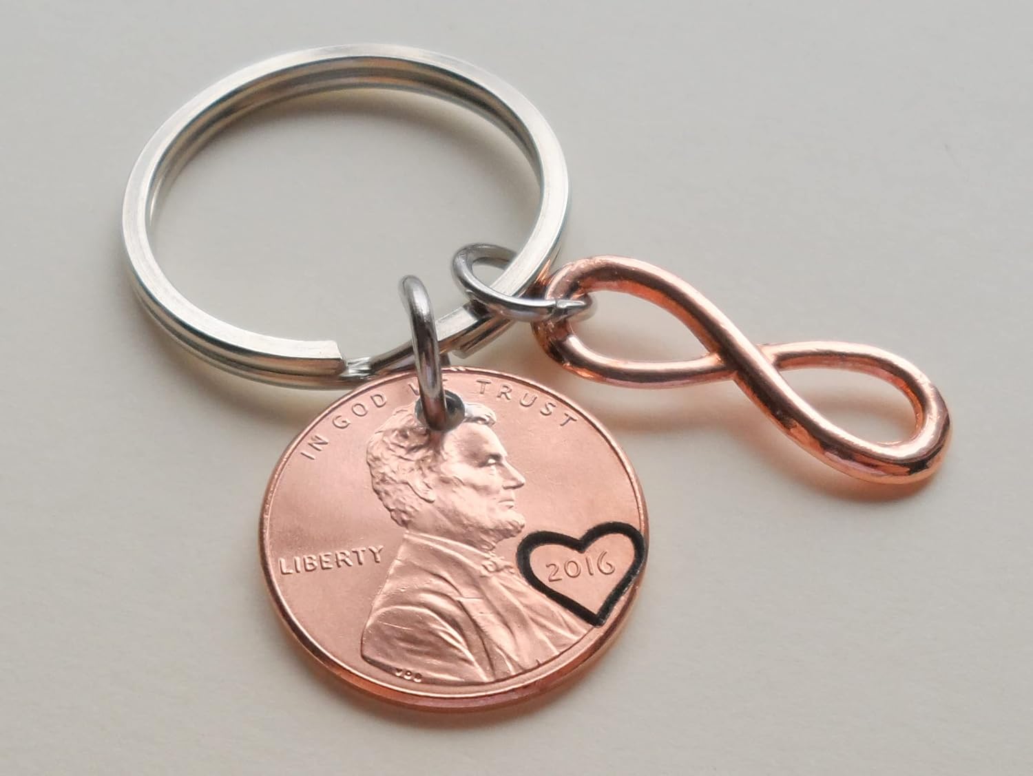 Custom Penny Keychain With Rose Gold Infinity Charm, Anniversary Keychain for Husband, Wife, Boyfriend, Girlfriend, Couples Key Chain
