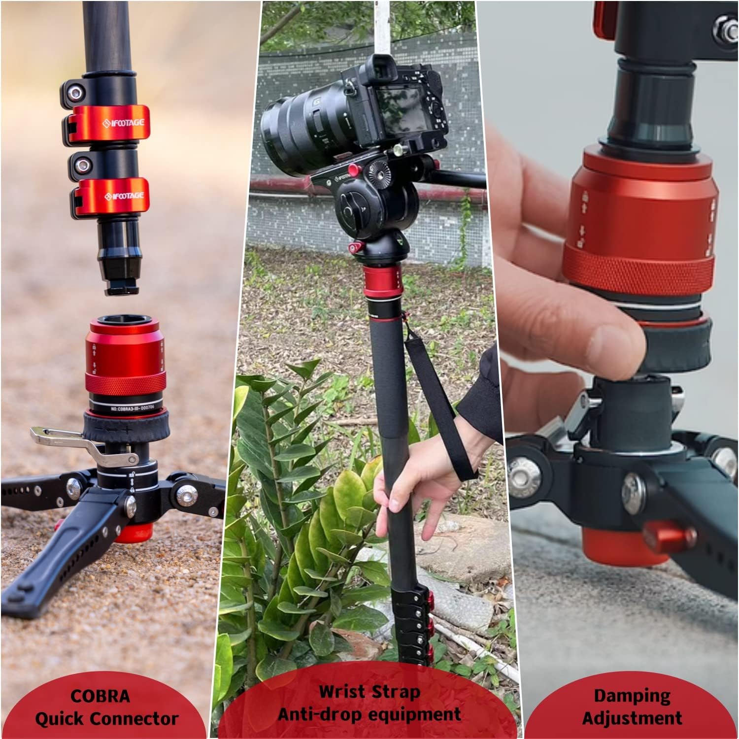 IFOOTAGE Cobra 3 C180F-P Monopod de cámara con control de bloqueo de pedal, monopie de video de fibra de carbono, monopie de fotografía profesional