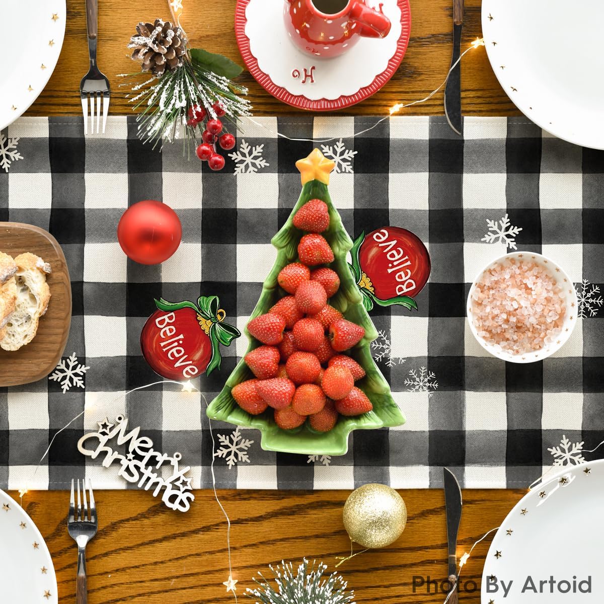 Artoid Mode Camino de mesa de Navidad con campanas de gnomo a cuadros, árbol de Navidad, decoración de mesa de comedor de cocina de invierno de