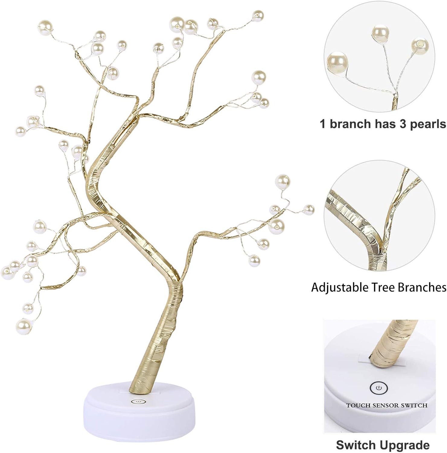 Luz LED de árbol bonsái de mesa con 36 perlas, luz artificial blanca cálida para árbol de hadas, decoración para Acción de Gracias, boda, fiesta,