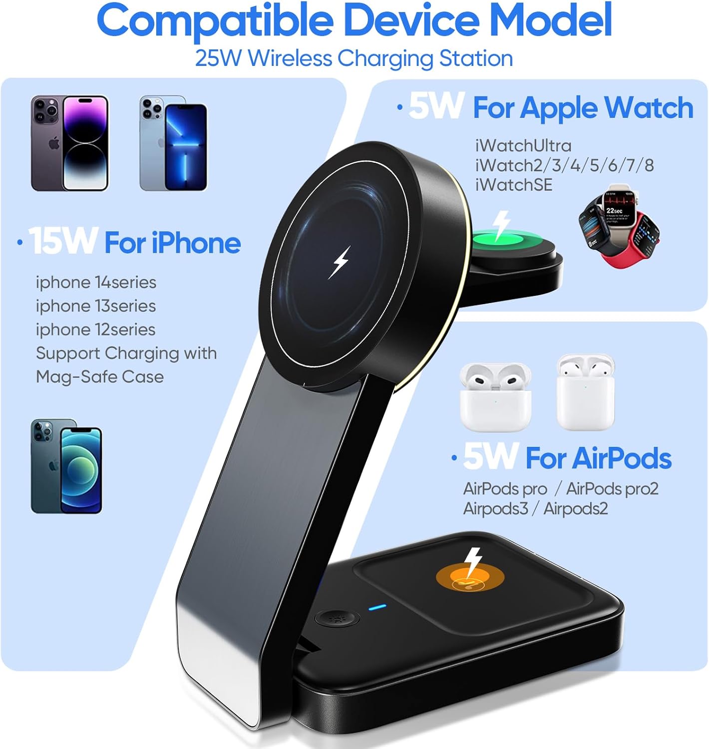 Estación de carga inalámbrica 3 en 1 para dispositivos Apple, cargador portátil Mag-Safe con luz, soporte de cargador compatible con iPhone