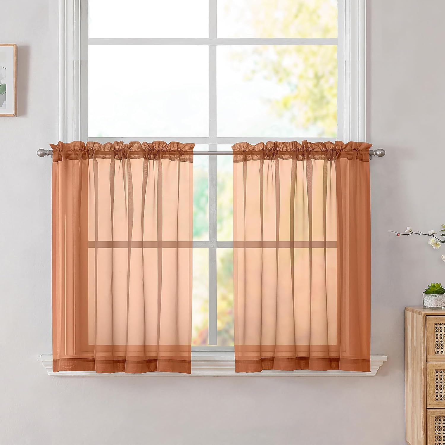 Cortinas naranjas para cocina de 24 pulgadas de largo, juego de 2 paneles con bolsillo para barra, cortinas cortas transparentes para filtrado de