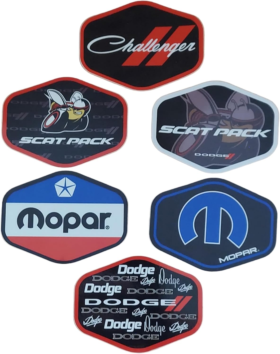 Dodge, Mopar, Challenger and Scat Pack Logo Premium Vinilo serigrafiado pegatinas en forma hexagonal Paquete de 6 pegatinas fabricadas en Detroit