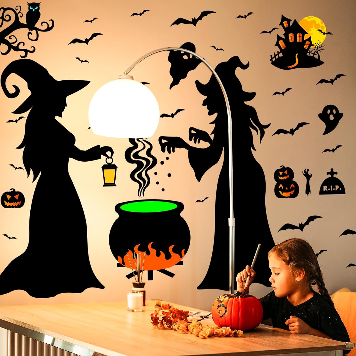 Halloween Wall Decals, Large Size Bat Wall Decal Home Horror Wall Decal, Wall Sticker Pumpkin Spooky Decorations Party Supplies Ancient Castle