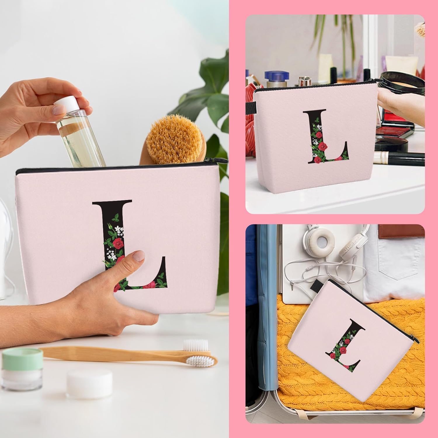 Bolsa de maquillaje con letra L inicial para mujeres y niñas, bolsa de cosméticos con monograma rosa, bolsa de aseo personalizada, regalo del día de
