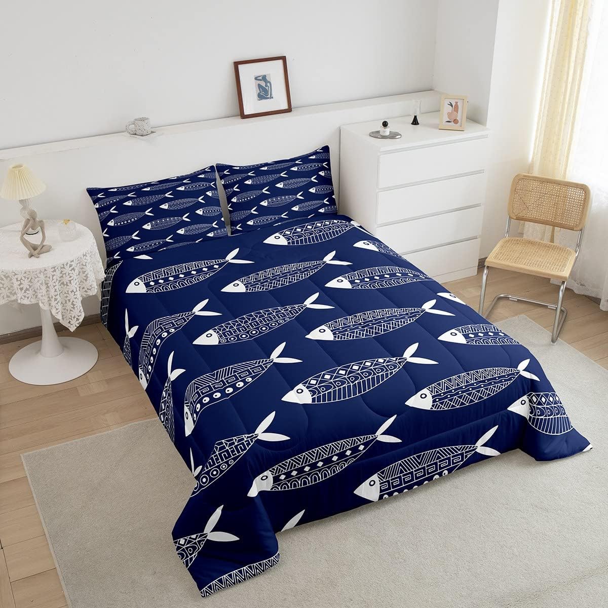 Juego de edredón de peces tamaño King, ropa de cama azteca, ropa de cama tradicional mexicana, maya, étnica, abstracta, océano, geométrico, azul