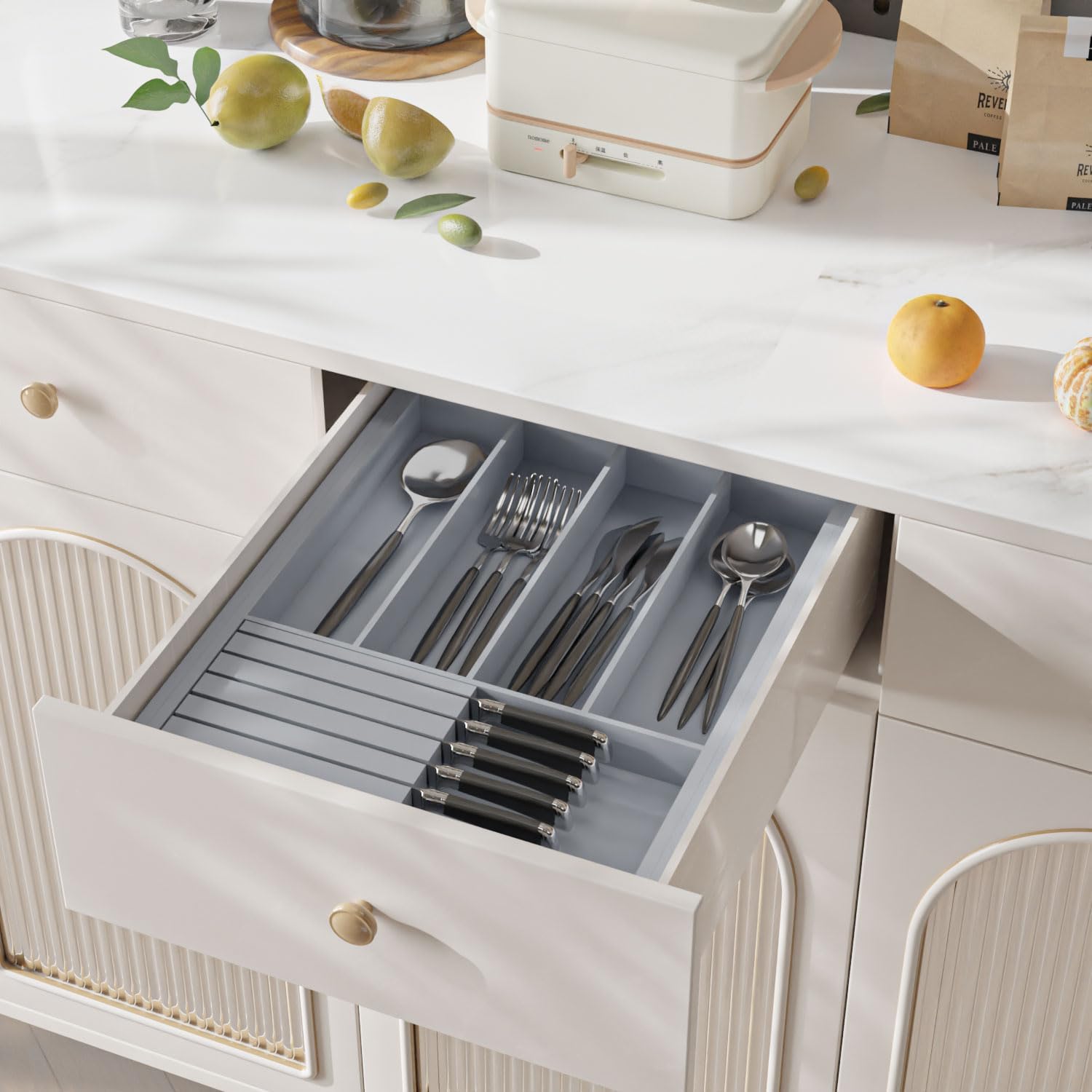 Organizador grande de cajones de utensilios con divisor  Soporte extraíble para cuchillos de cocina, organizador de cubiertos ajustable de bambú