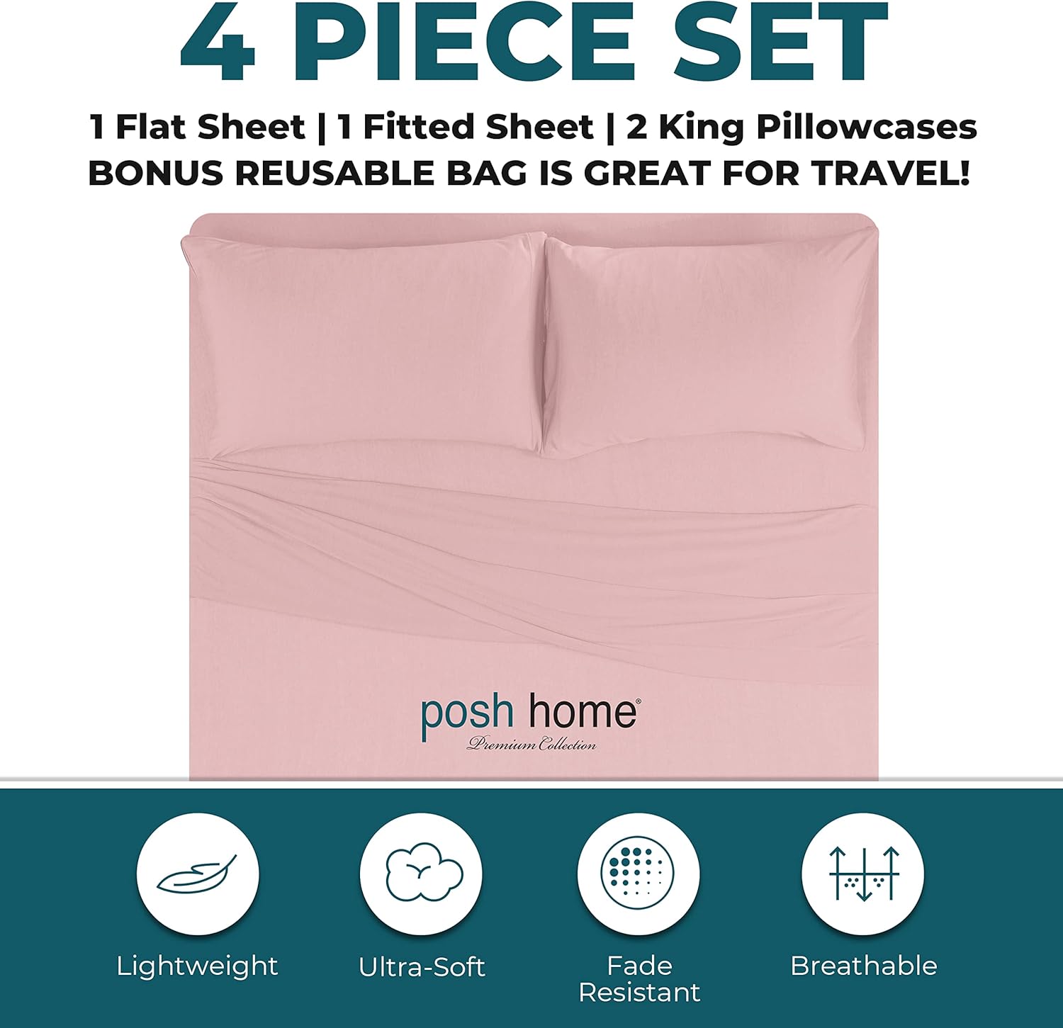 Posh Home Juego de sábanas de punto de jersey, sábanas de 4 piezas, sábanas de algodón transpirable y suave, incluye sábana encimera, sábana bajera