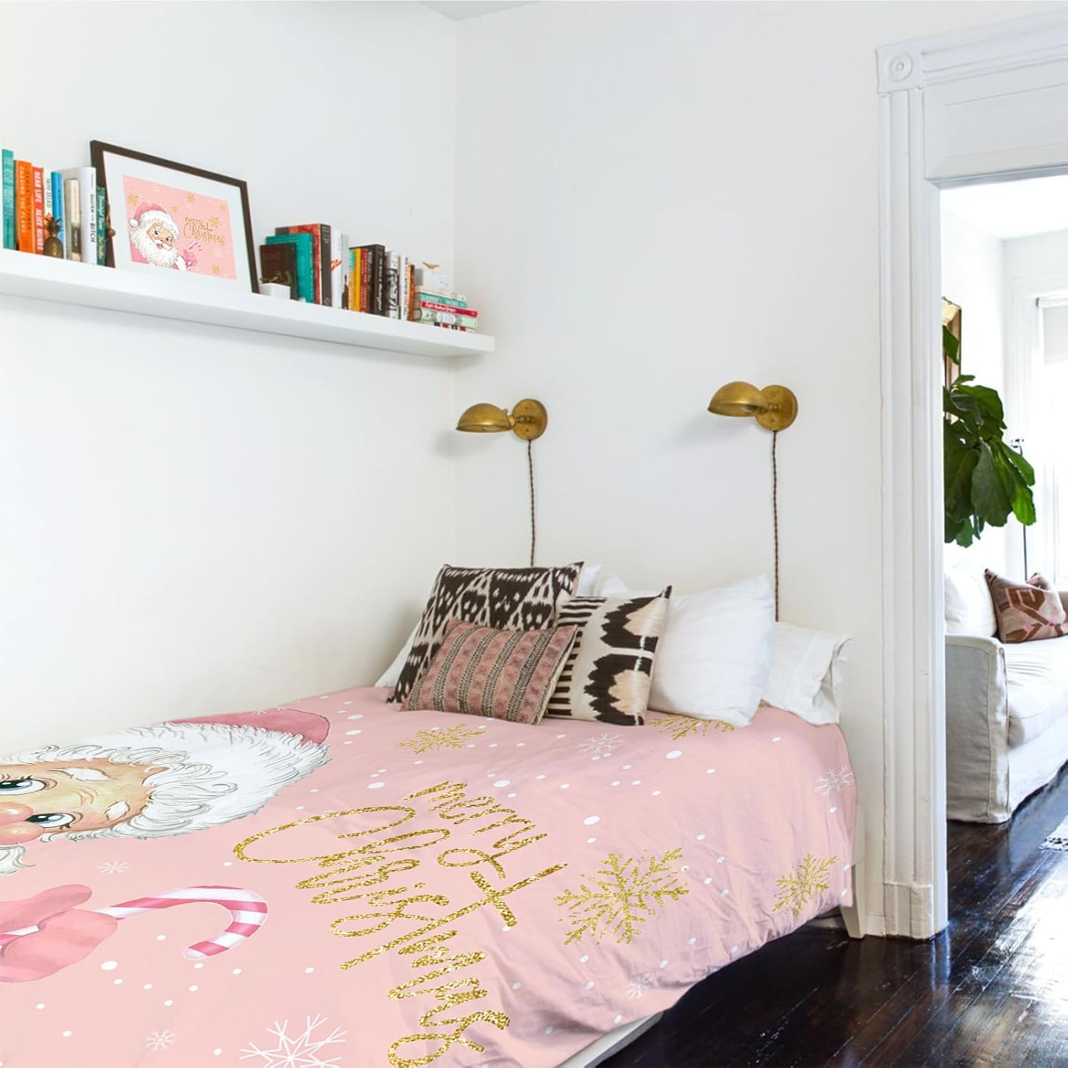 Tapiz de Feliz Navidad para dormitorio, tapiz de Papá Noel rosa, tapiz para colgar en la pared, tapiz de copo de nieve dorado, tapiz de pared para