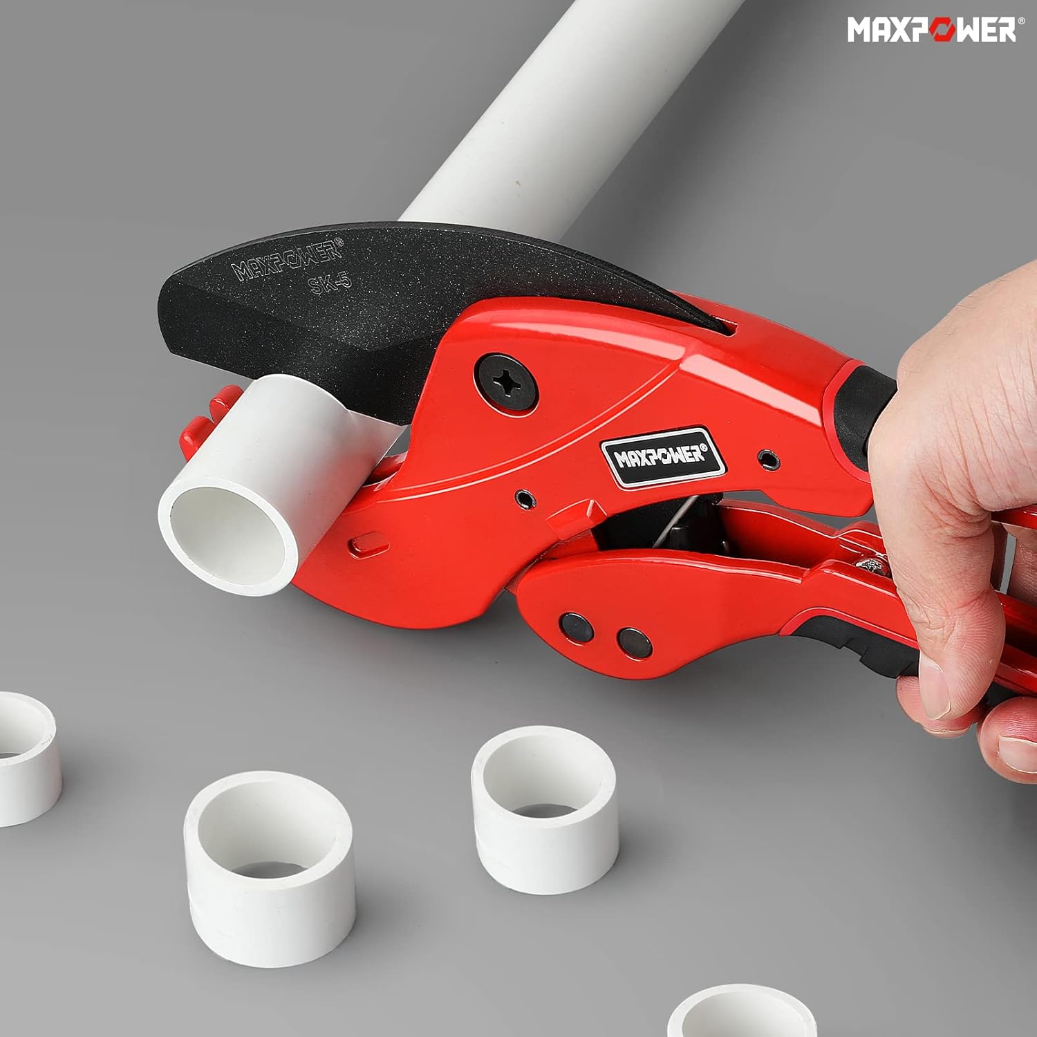 MAXPOWER PVC Pipe Cutter, Cuts Up to 2 12″, Ratcheting PVC Cutter with SK5 Blades, Ratchet Pipe Cutter Tool for PVC, PE, PEX, PPR and Rubber Hose