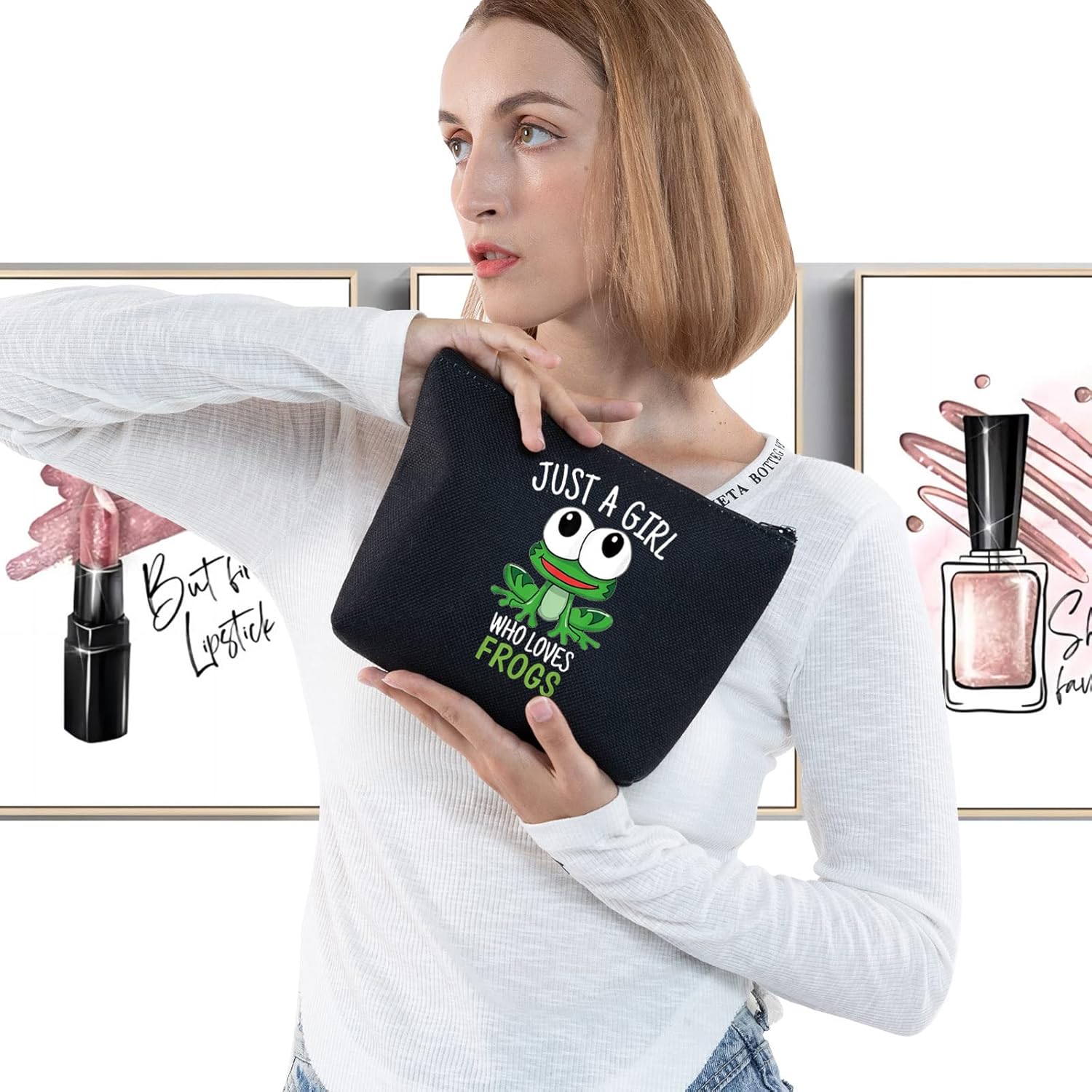 LEVLO Bolsa de maquillaje cosmética de rana divertida, regalo para amantes de los animales, solo una chica que ama a las ranas, bolsa de maquillaje