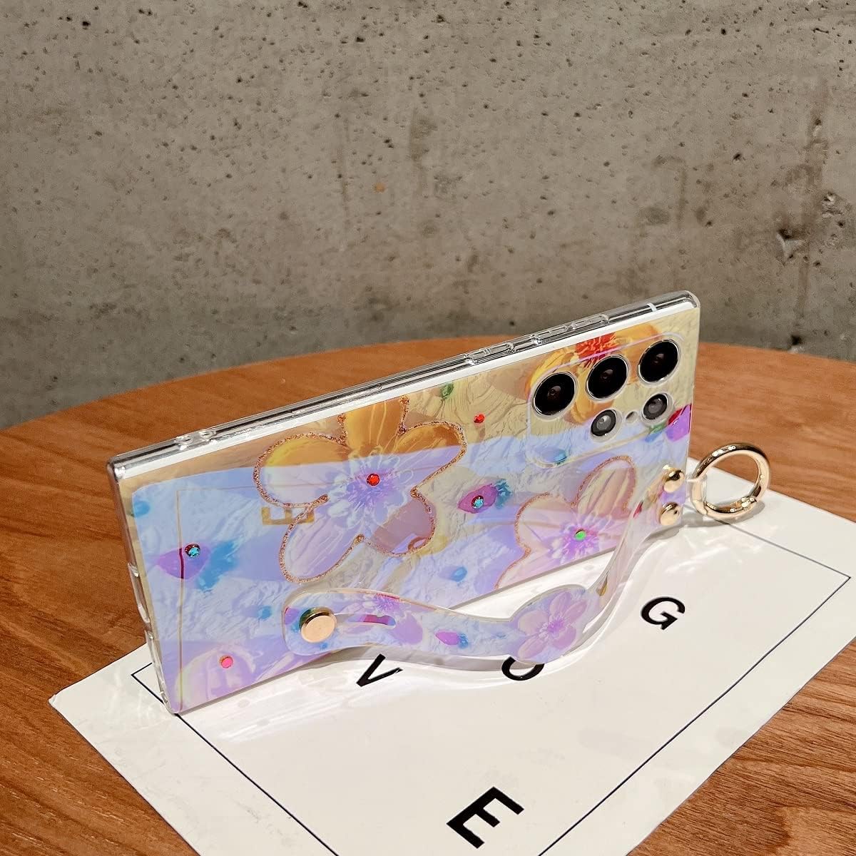 Funda para Samsung Galaxy S22 Ultra de 6.8 pulgadas, brillante con soporte de correa, diseño de patrón de flores de pintura al óleo de silicona a