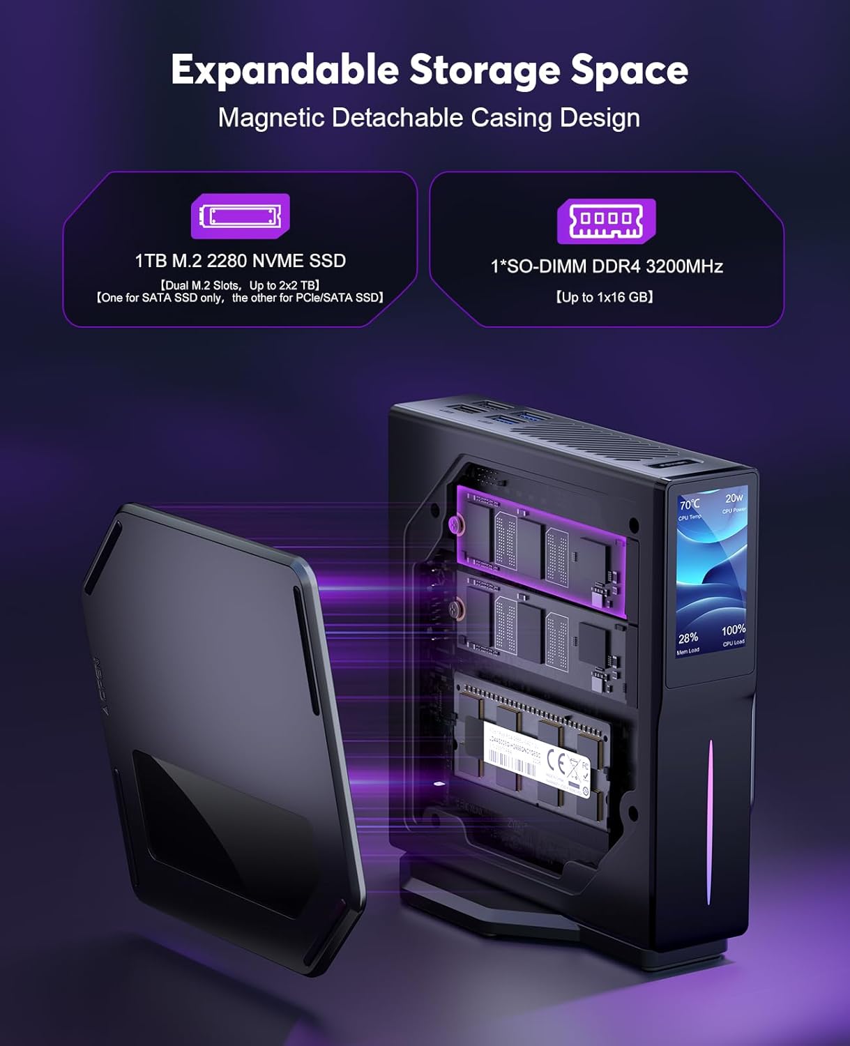 ACEMAGIC Mini PC de escritorio S1 Dual Nic con pantalla LCD DIY y luces RGB, CPU Intel Alder Lake N95 (hasta 3.4 GHz), mini computadoras de
