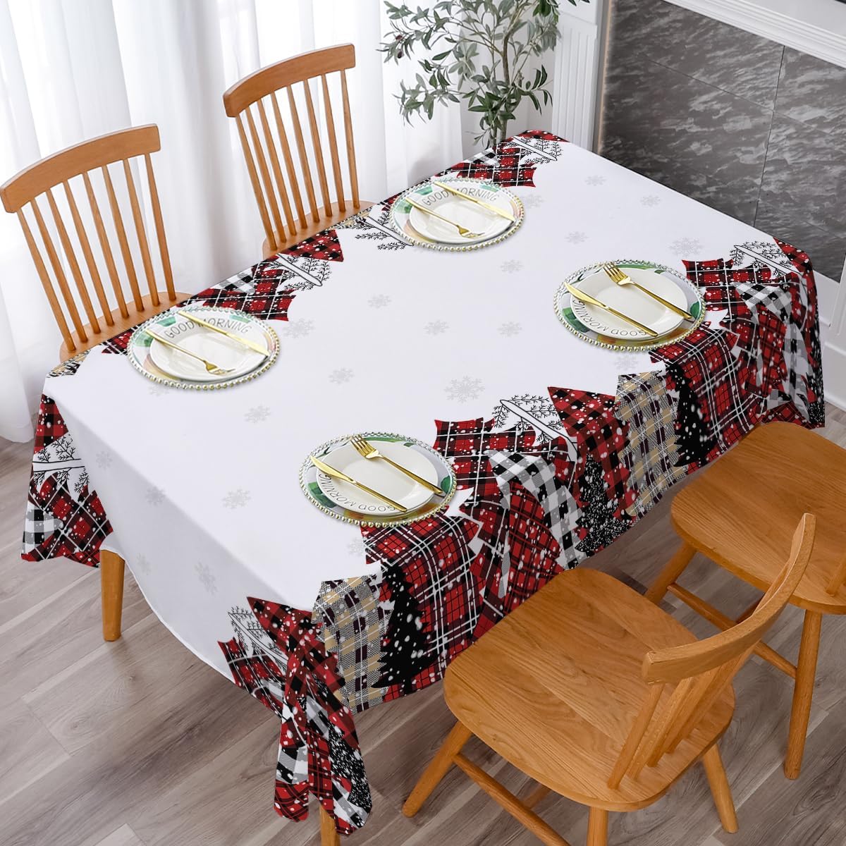 Mantel rectangular de Año Nuevo, 60 x 84 pulgadas, diseño de árboles de Año Nuevo, impermeable, resistente a las manchas y a las arrugas, lavable,