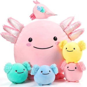 Juego de 5 piezas de ajolote de peluche de 12 pulgadas con 4 bebés de peluche en su barriga, suaves almohadas de felpa de ajolote para niñas y Juego de 5 piezas de ajolote de peluche de 12 pulgadas con 4 bebés de peluche en su barriga, suaves almohadas de felpa de ajolote para niñas y
