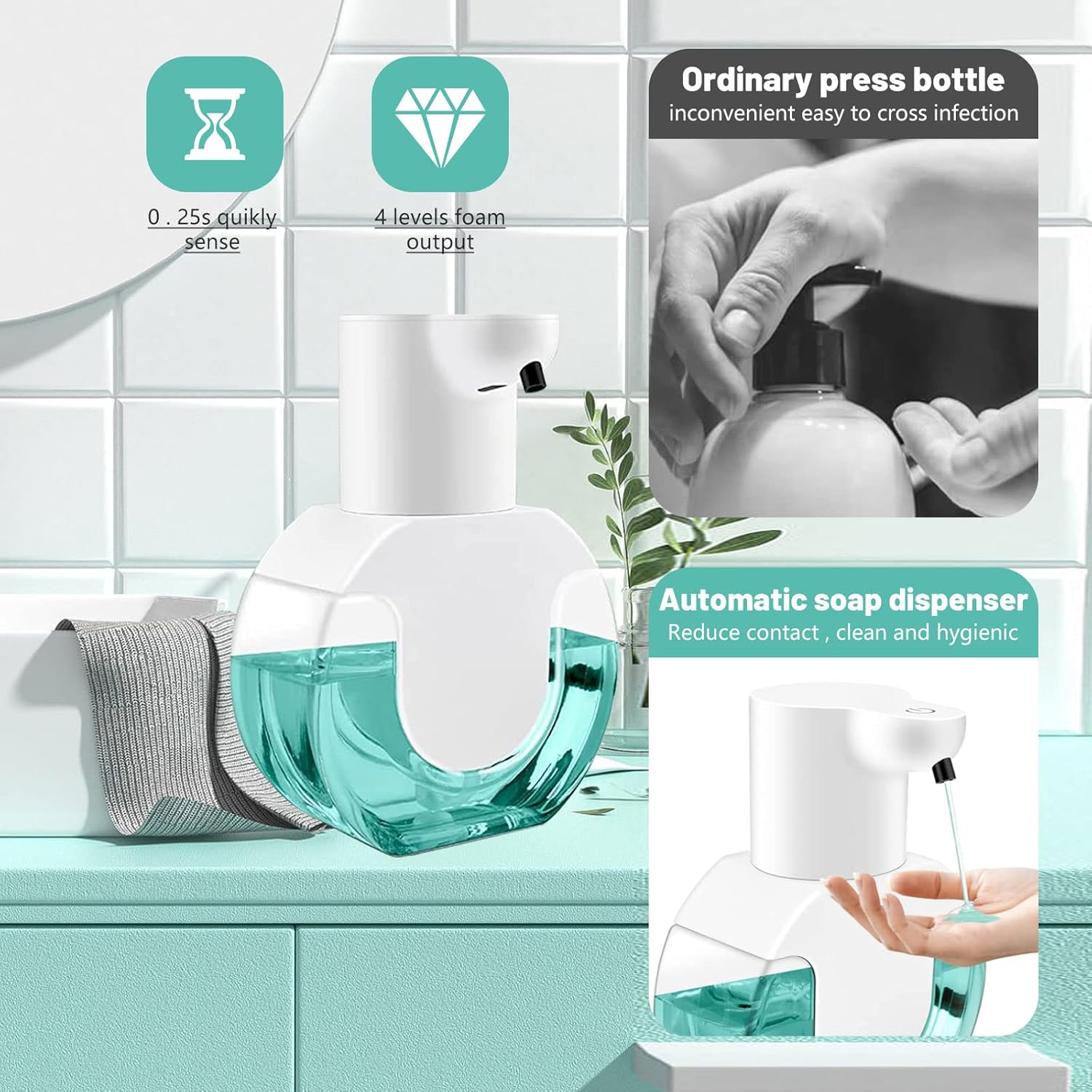 Dispensador automático de jabón líquido, dispensador de jabón sin contacto de 14.2 oz14.2 fl oz, dispensador de jabón recargable con control de 4