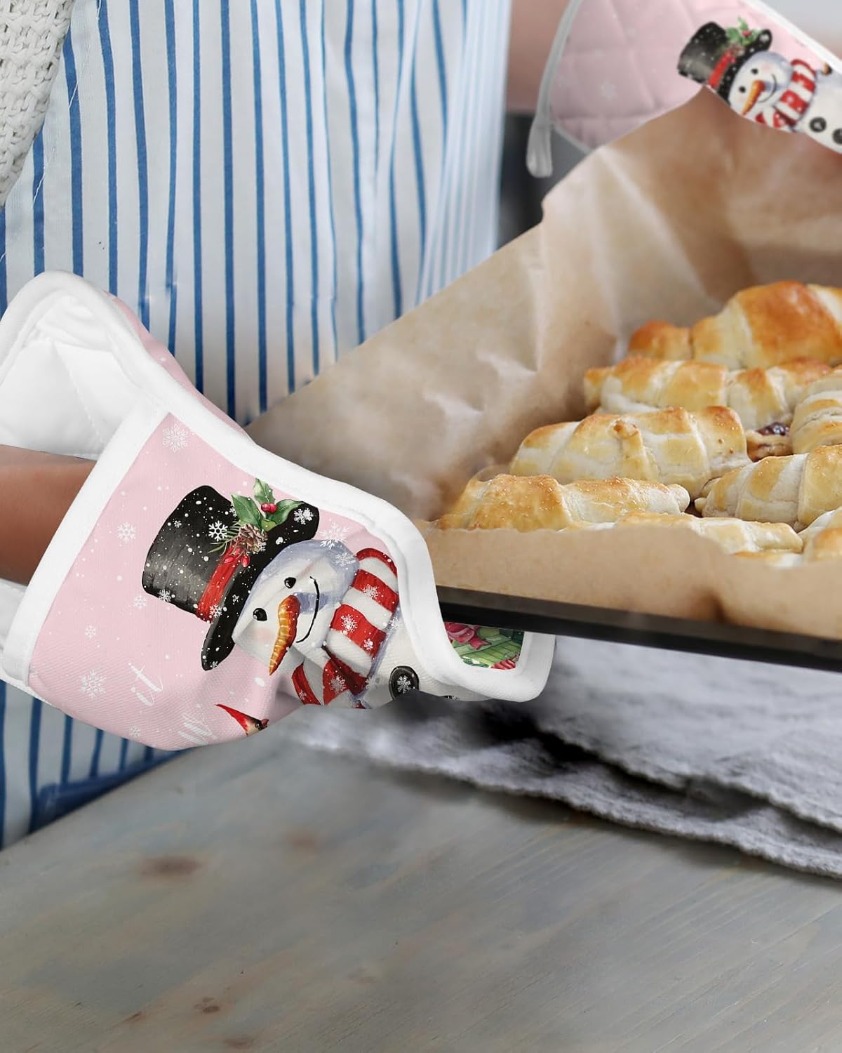Juego de 3 agarraderas de tela de toalla con bolsillo antideslizante y aislante de calor con bolsillo para horno, diseño de copo de nieve de