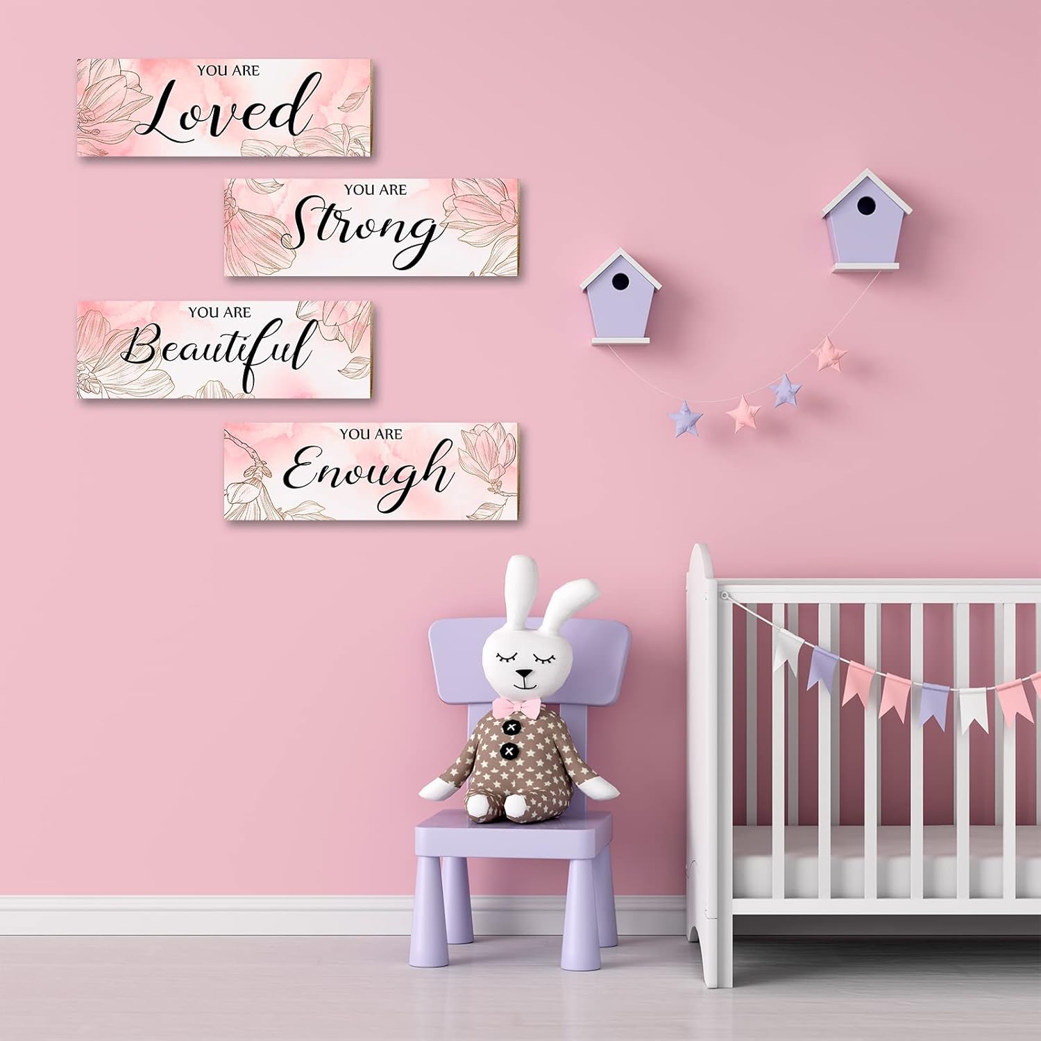 4 piezas de decoración de habitación rosa para niñas, decoración de pared colgante de flores que te encanta, lo suficientemente fuerte, arte de