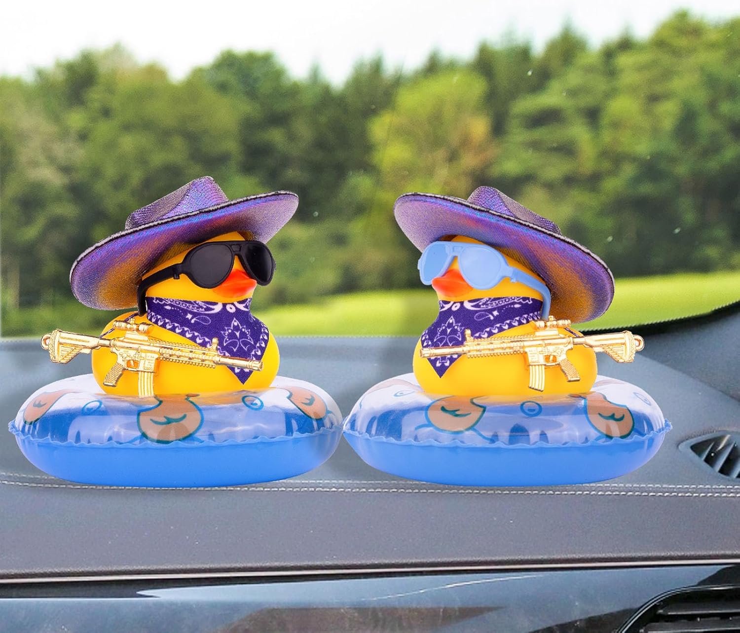 Patos de goma para tablero de instrumentos de automóvil, pato vaquero, accesorios de decoración con mini sombrero de vaquero holográfico, anillo de