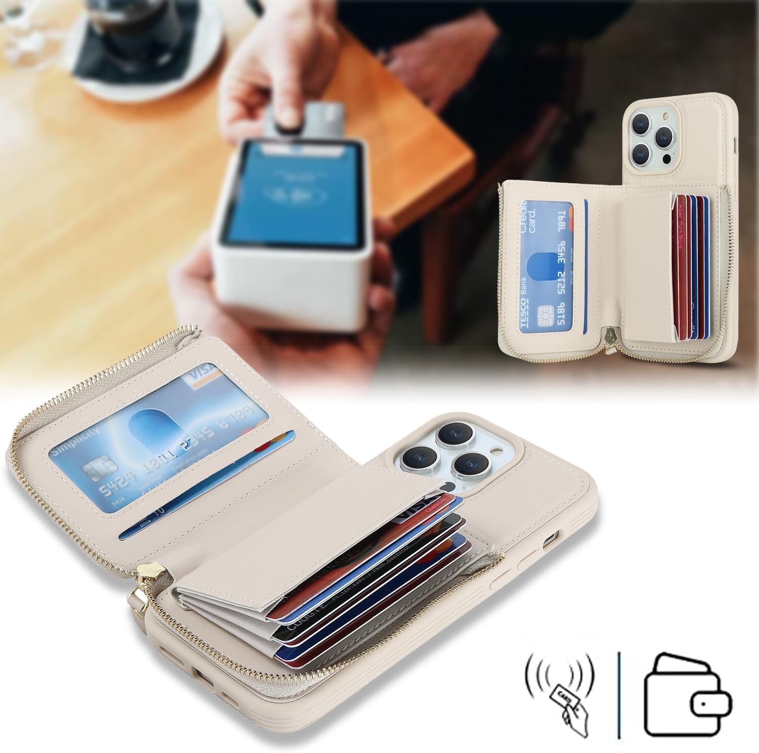 Funda para iPhone 14 Pro Max con tarjetero con cremallera para mujer, iPhone 14 Pro Max, cartera con tarjeta de crédito con anillo y soporte de