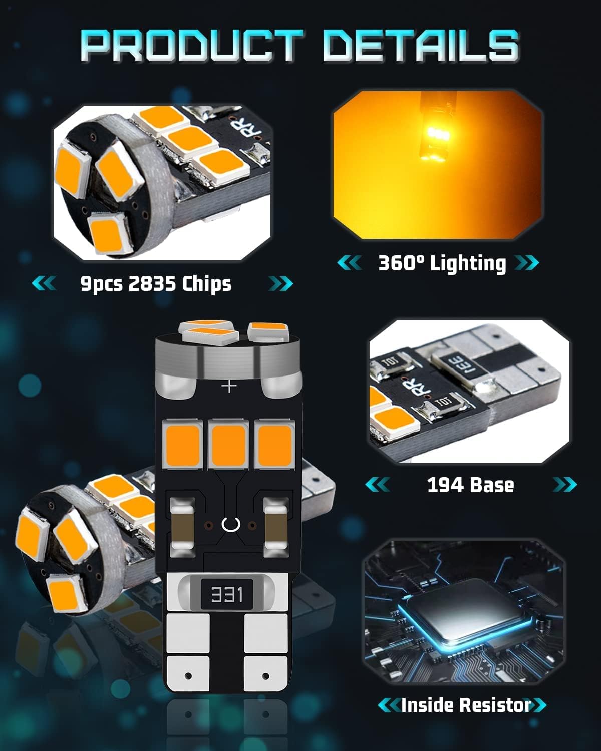 Alopee 4 bombillas LED 194 ámbar, bombilla C194 9SMD 2835 chips, bombilla LED 912, 921 2825 W5W 158 501, repuesto sin errores para luz de marcador