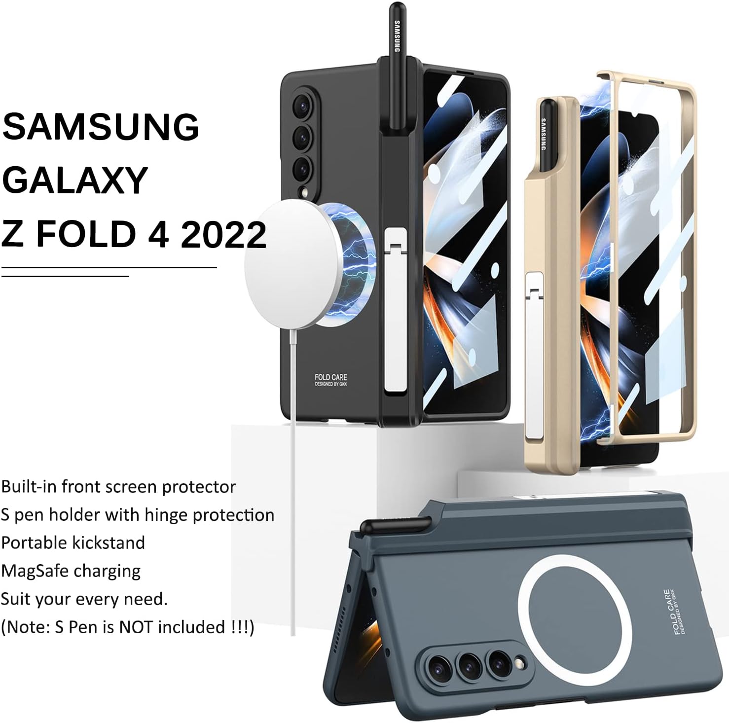 Miimall – Funda para Samsung Galaxy Z Fold 4 con soporte para bolígrafo, protector de pantalla integrado, soporte y funda de protección de bisagra