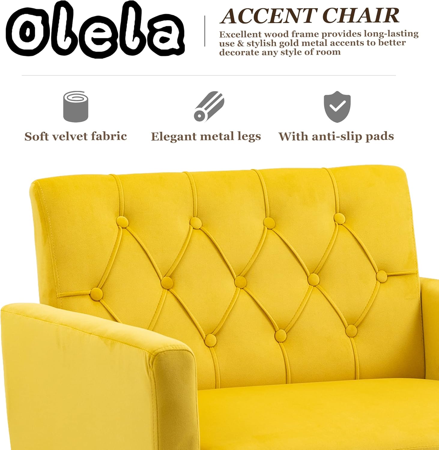 Olela Juego de 2 sillas decorativas, sofá individual de terciopelo, sillas de lectura laterales tapizadas modernas con brazo y patas de metal dorado