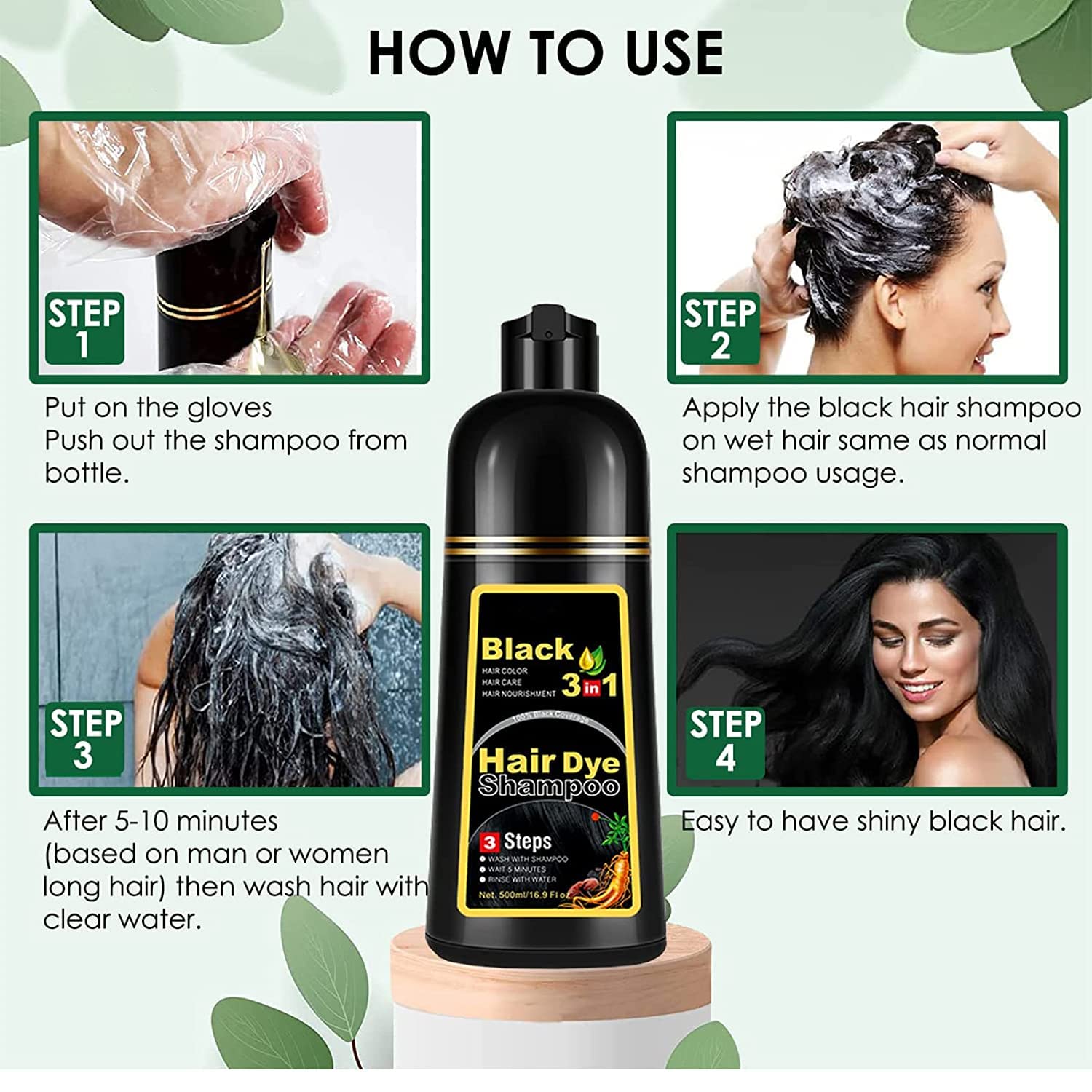 Champú de color negro instantáneo para cabello gris, champú fácil de teñir el cabello, 3 en 1, permanente, 100% cobertura de canas, coloración