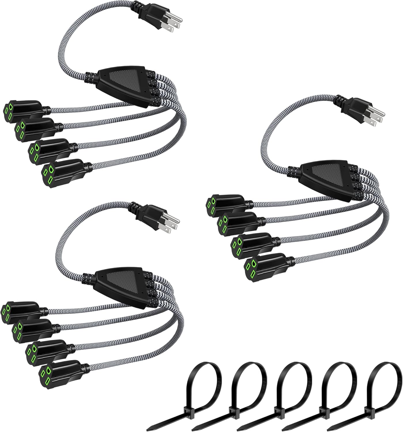 Cable divisor de alimentación de 3 clavijas de 1 a 4 salidas (paquete de 3), cable de extensión de alimentación de 1.5 pies18 pulgadas, protector de