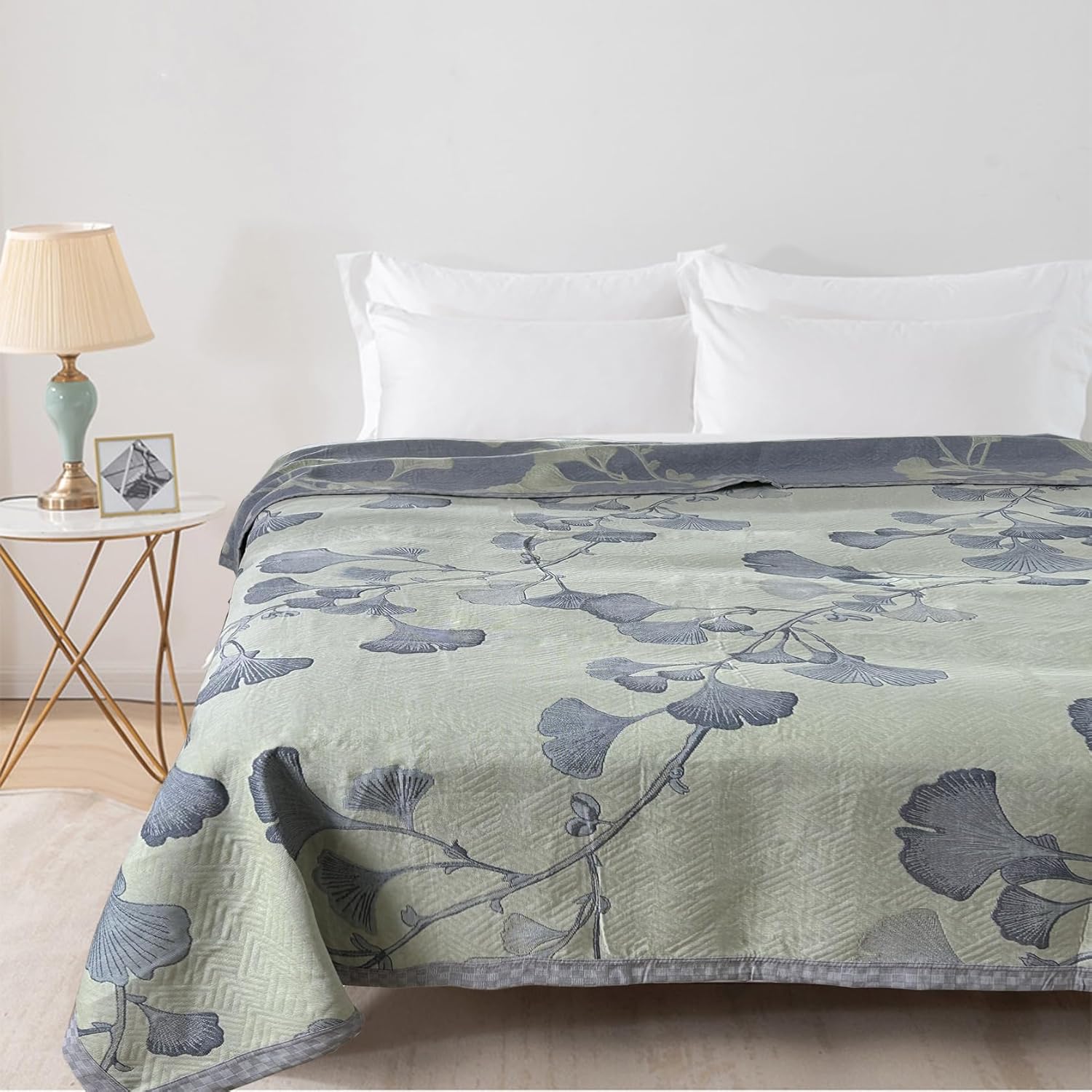 Bifqioy Edredón de hojas de ginkgo tamaño Queen, color verde y gris, reversible, de algodón, para todas las estaciones, manta ligera de muselina