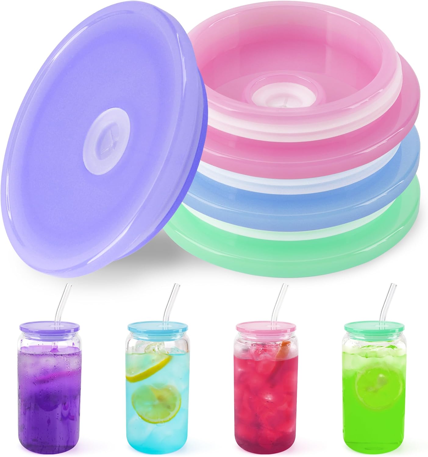 Joyclub Paquete de 4 tapas acrílicas para vasos de vidrio de 16 onzas con tapas de bambú y pajitas, taza de café helado, vasos de cerveza