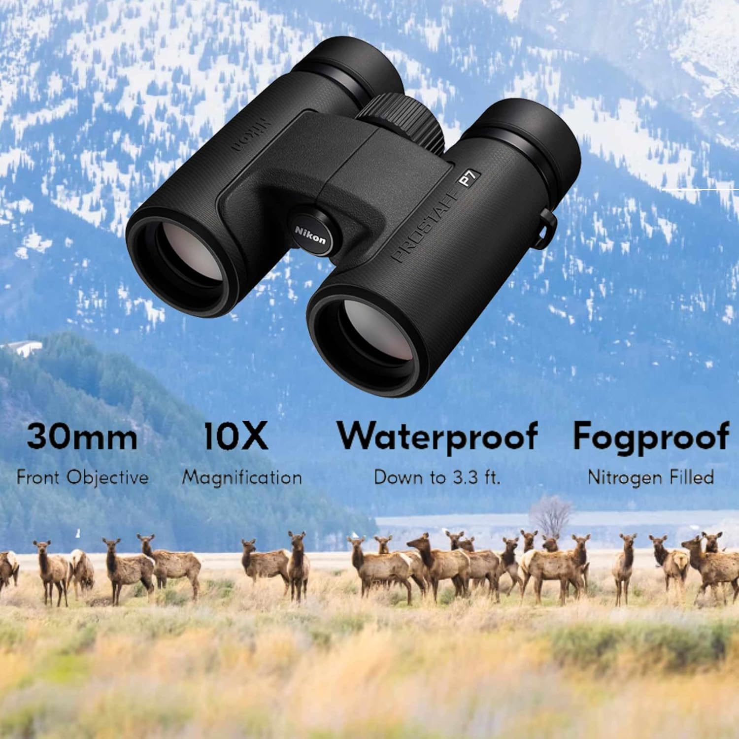 Nikon Prostaff P7 – Prismáticos para adultos (16771), color negro, paquete de 10 x 30 pulgadas con bolígrafo para lentes, paño de limpieza