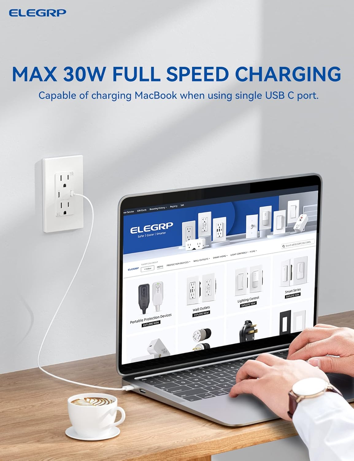 ELEGRP Toma de corriente USB, carga rápida de 30 W y entrega de energía USB C, toma de pared de 15 amperios con puertos USB C, resistente a