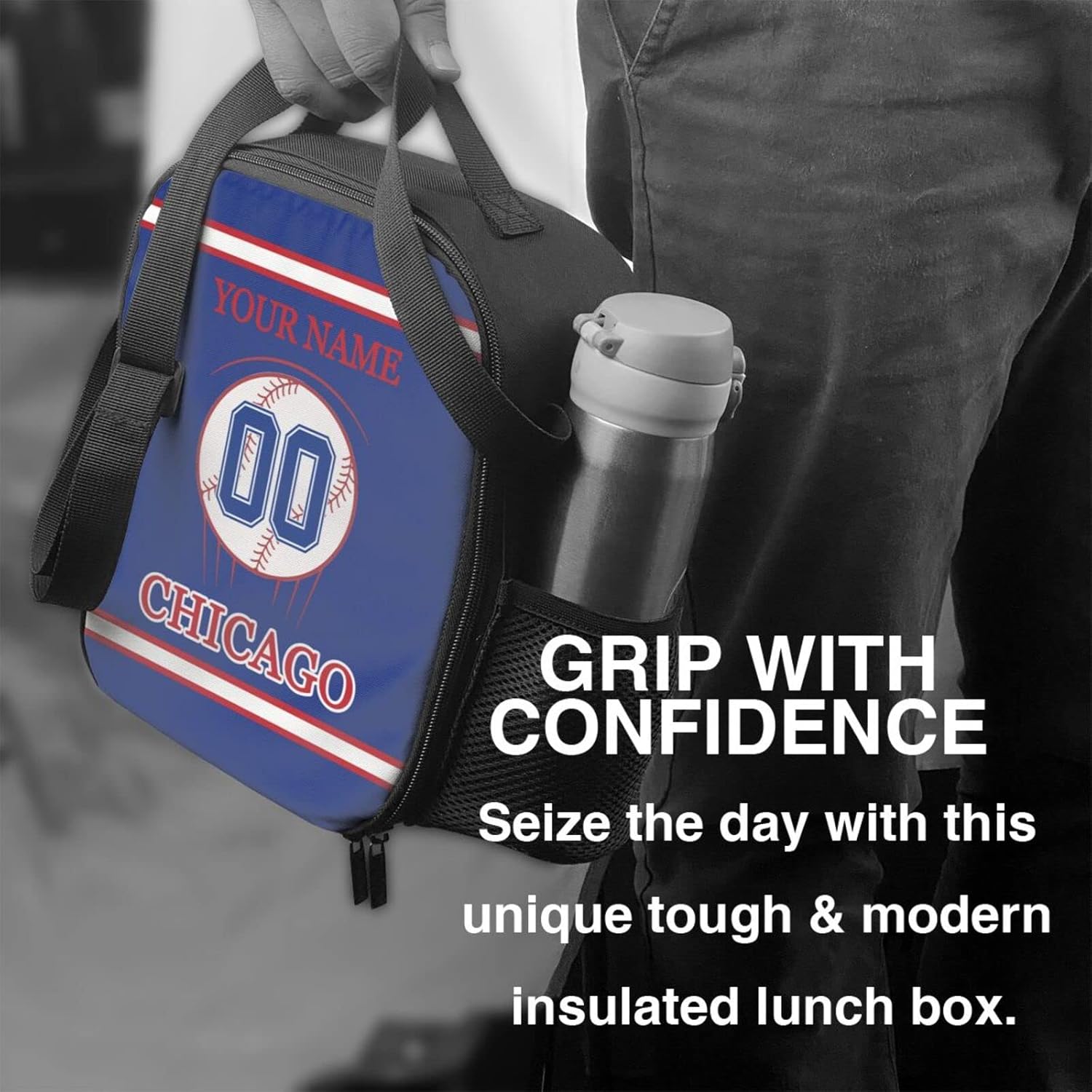 Chicago – Lonchera personalizada con cualquier nombre y cualquier número, correa ajustable personalizada, bolsas de almuerzo con aislamiento